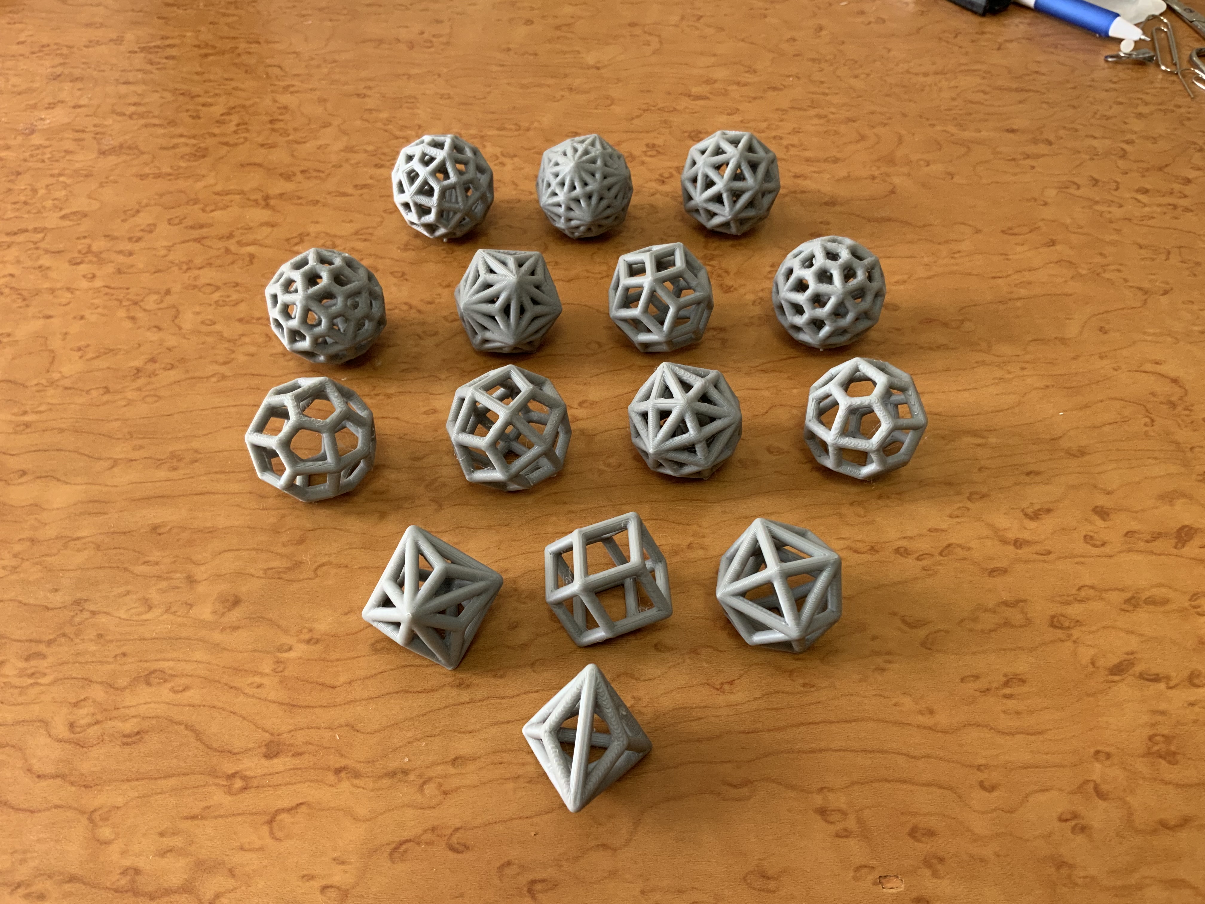 Catalan Solid-Triakis Tetrahedron/Octahedron/Icosahedron/Hexahedron,Rhombic Triacontahedron/Dodecahedron,Pentakis Dodecahedron,Pentagonal Icositetrahedron/Hexecontahedron,Disdyakis Triacontahedron/Dodecahedron,Deltoidal Icositetrahedron/Hexecontahedron