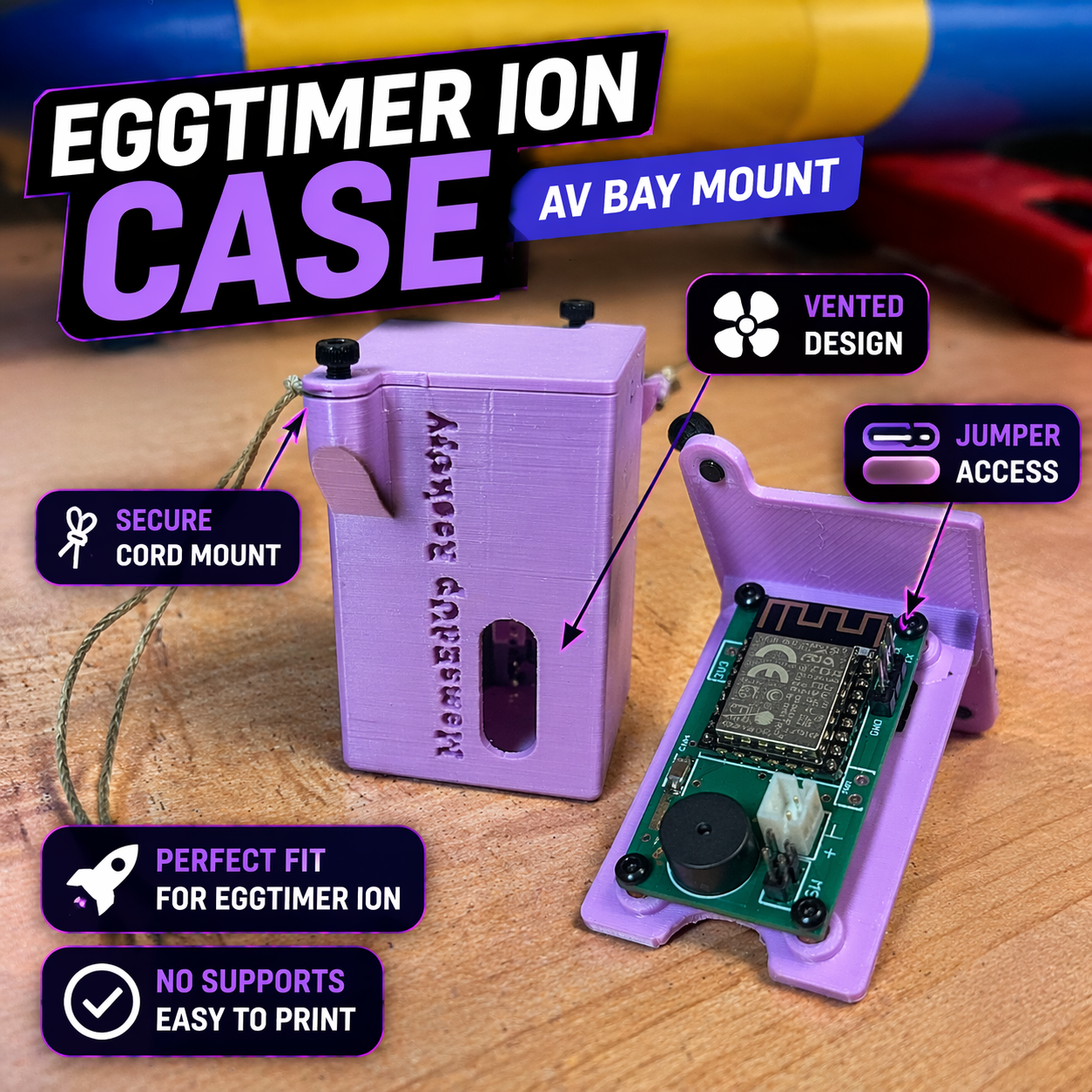 Eggtimer ION Altimeter Case – AV Bay Mount w/ Venting + Jumper Access (No Supports)
