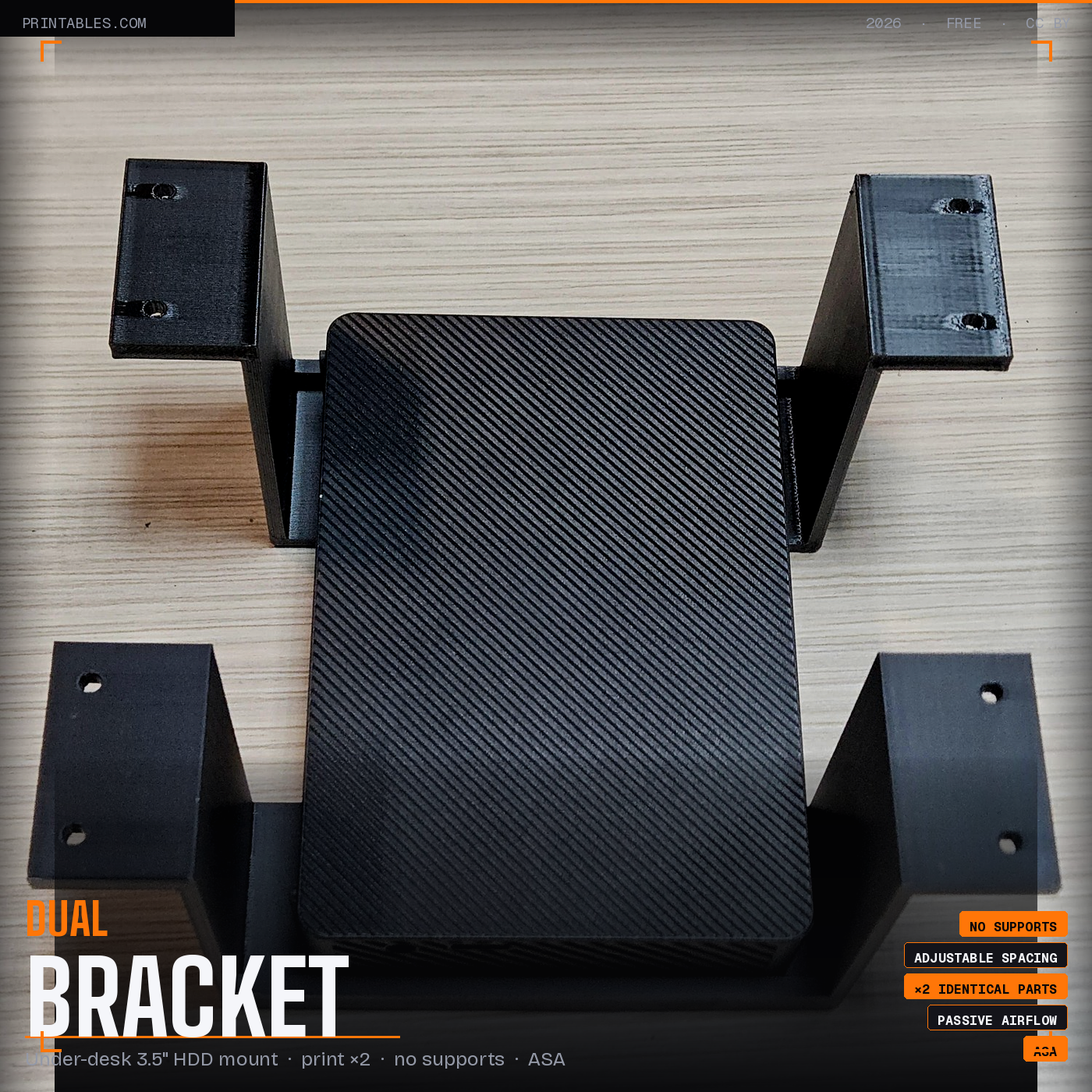 Under-Desk 3.5" HDD Bracket — Dual Piece, Adjustable Spacing, No Supports