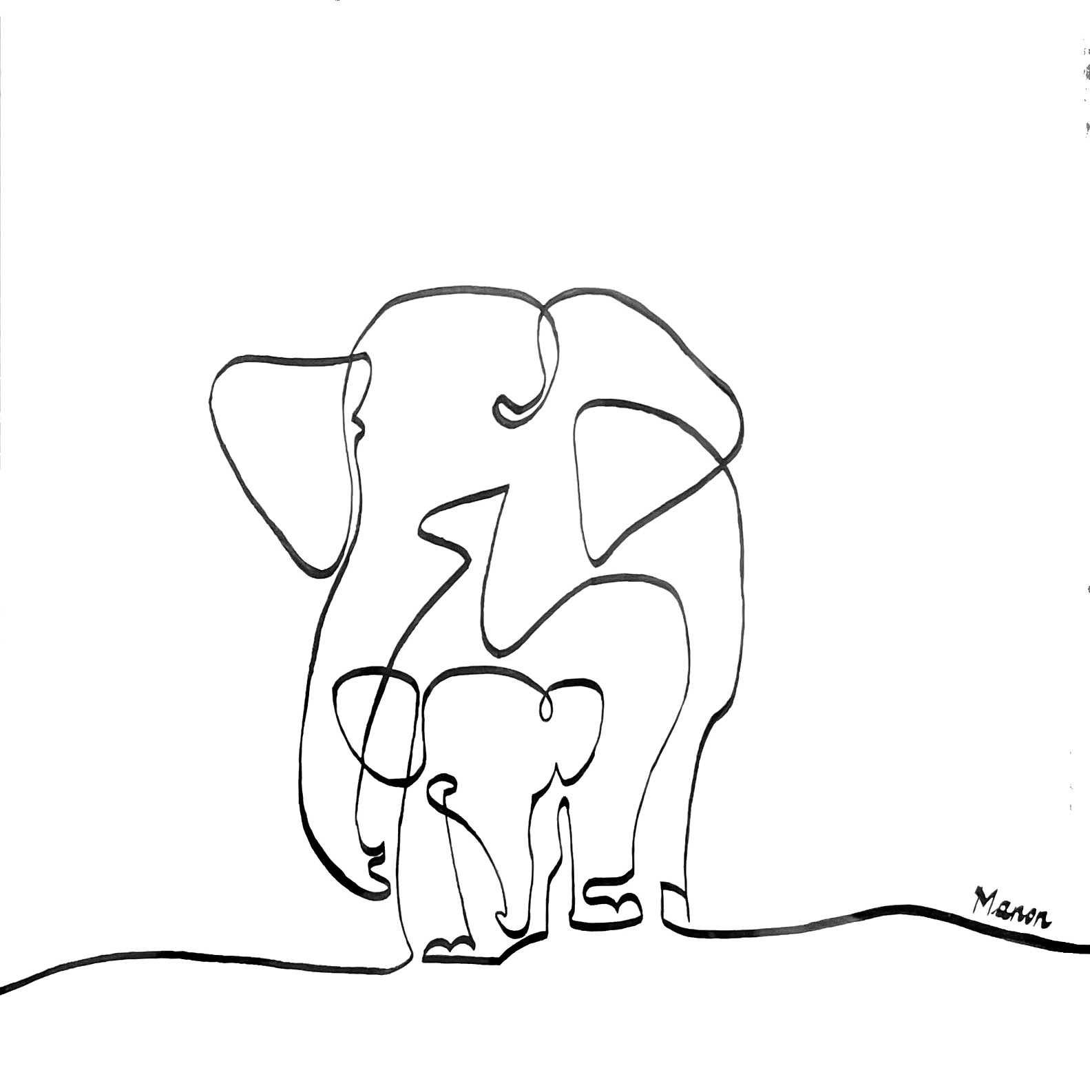 Elephant and cub - Single line - wall art by Manon