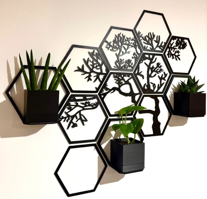 Hexagon tree wall art with planter pots and shelf