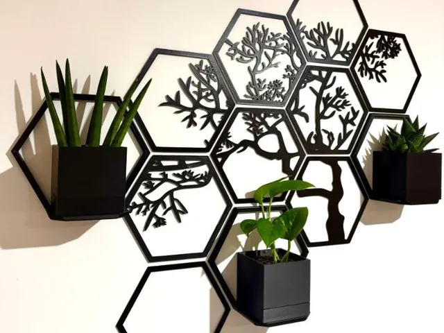 Hexagon tree wall art with planter pots and shelf