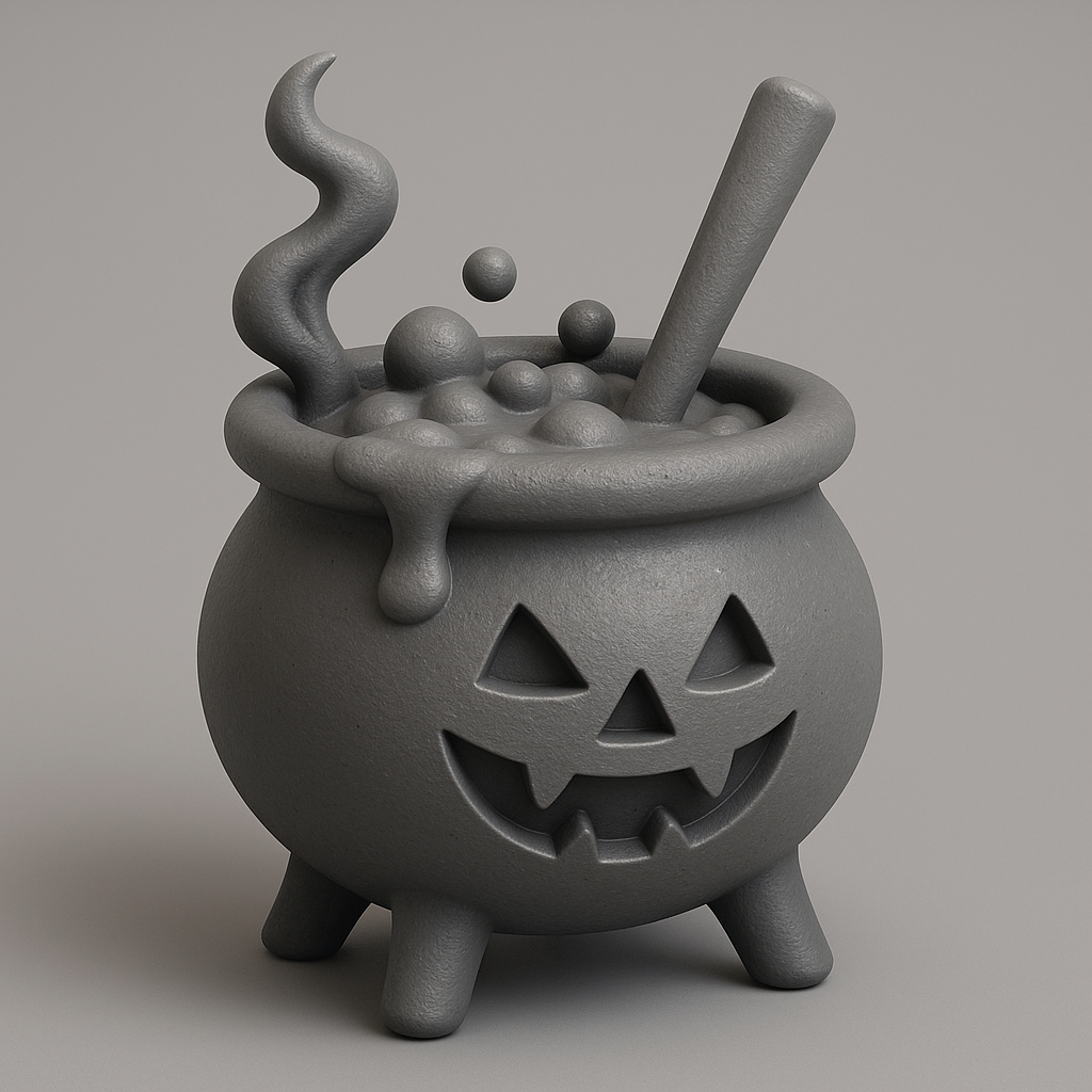 A spooky witch’s cauldron with a round pot, three short legs, and a thick rim