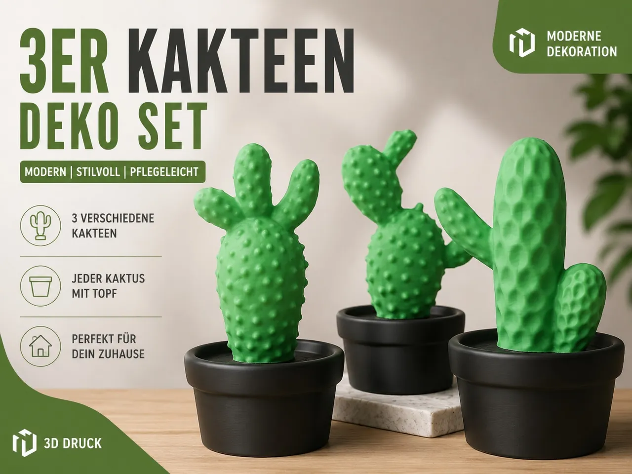 3er Kakteen Deko Set – Moderne Pflanzen-Dekoration by AlphaPrint