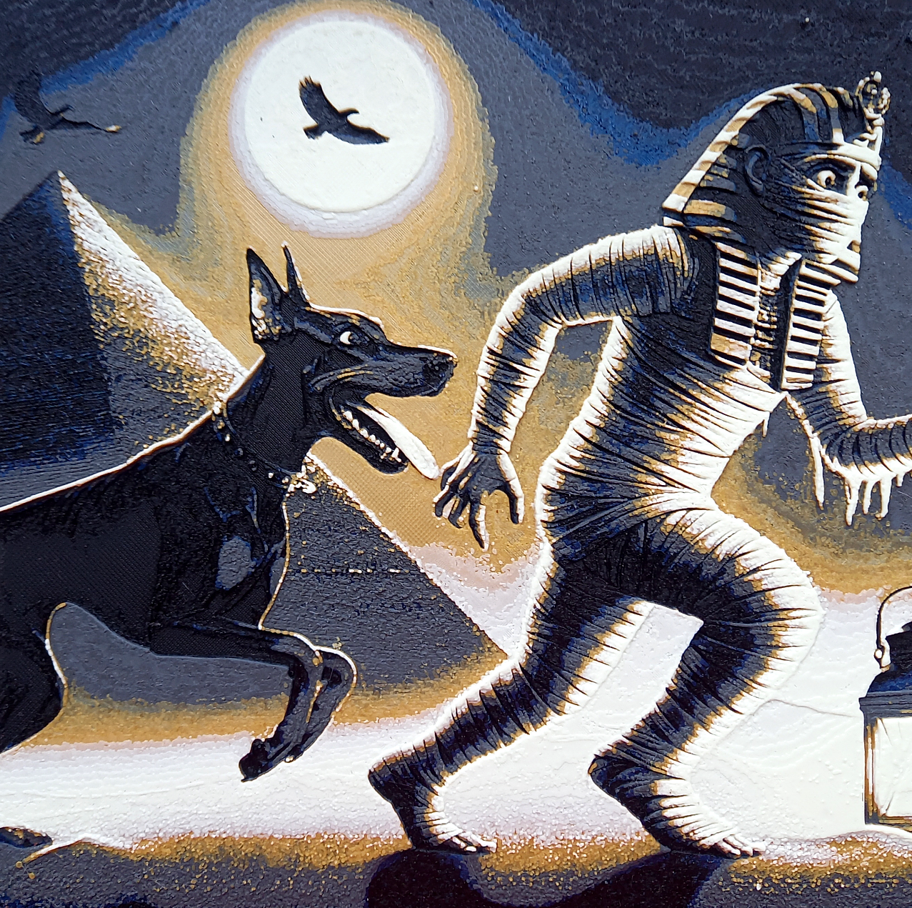 Doberman and mummy - night escape from the pyramid filament painting