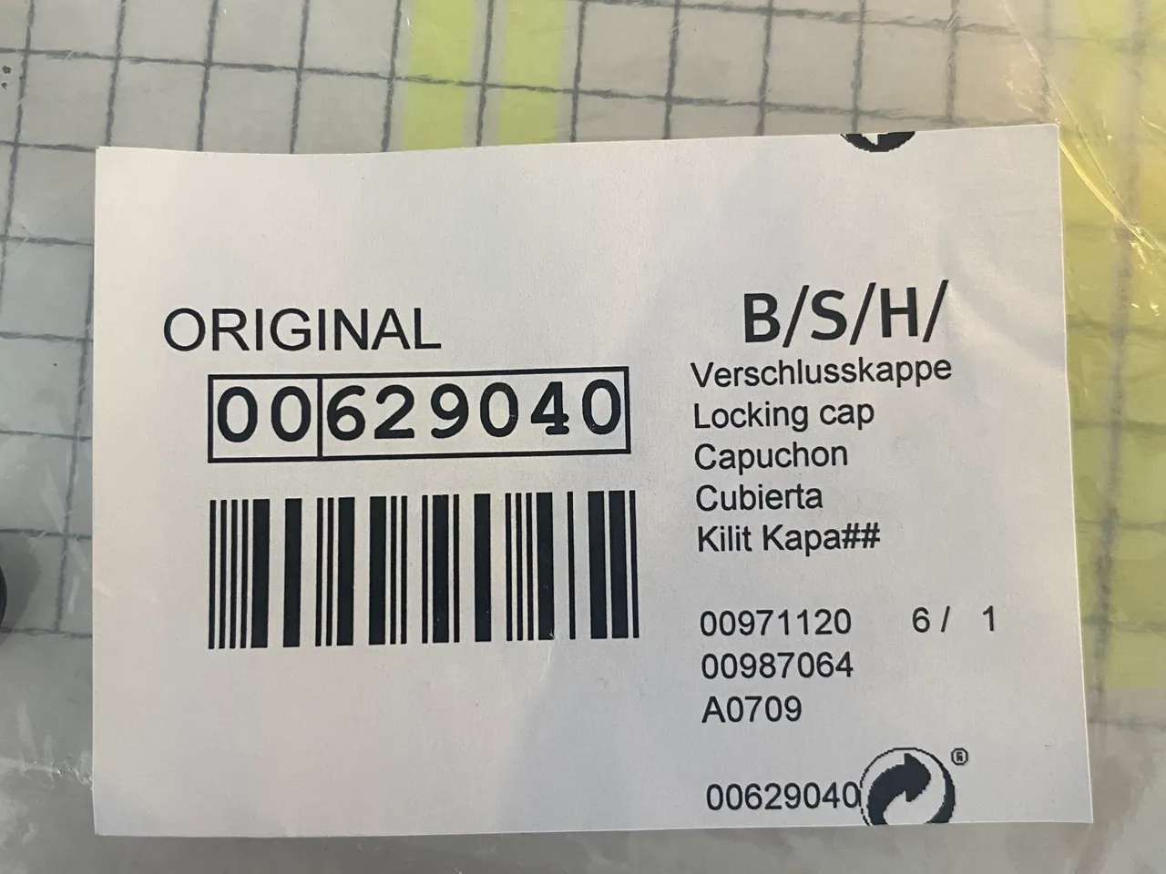 Bosch 00629040 Locking Cap for Dryer