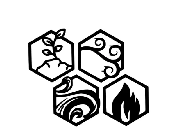 Hexagonal elements (fire, water, earth, wind) - wall art