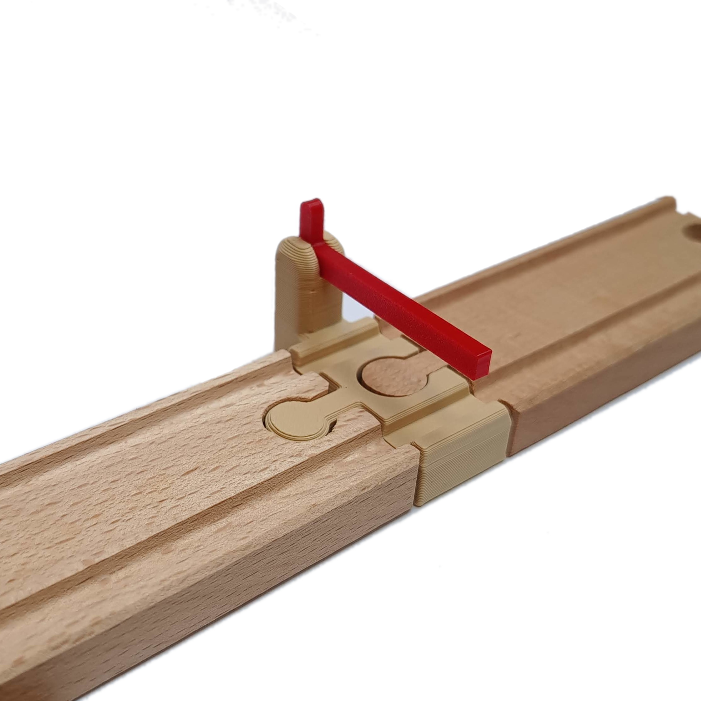 Universal railway barrier track for wooden train
