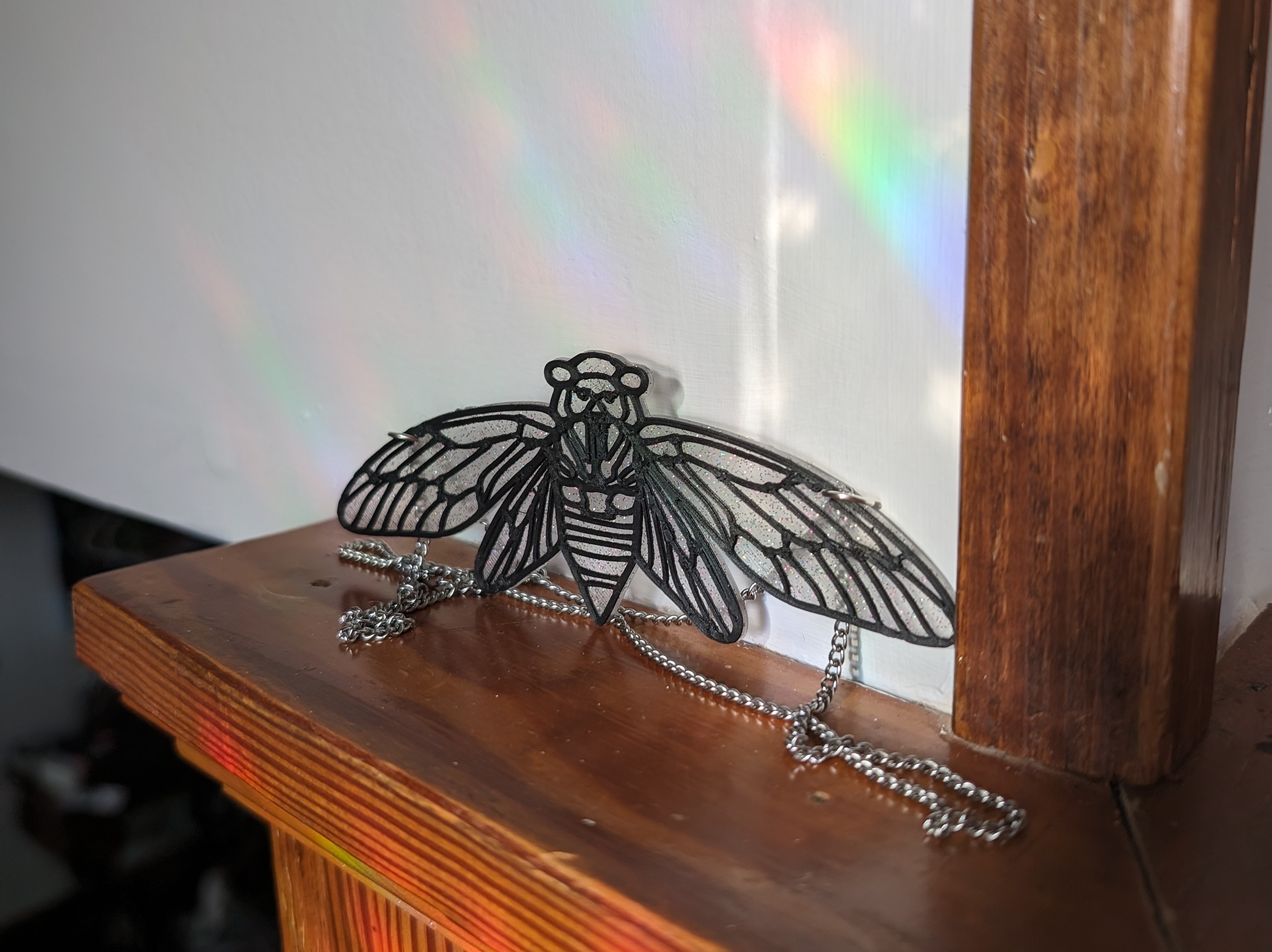 Cicada Stained Glass Suncatcher Pendant Necklace - Double Pendant with the opportunity for easy multicolor with filament change, entomology, bugs, insects, moth, nature jewelry, decoration