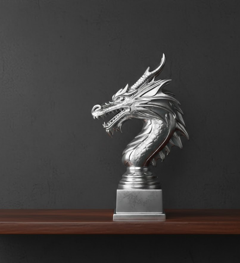 dragon head trophy on a pedestal