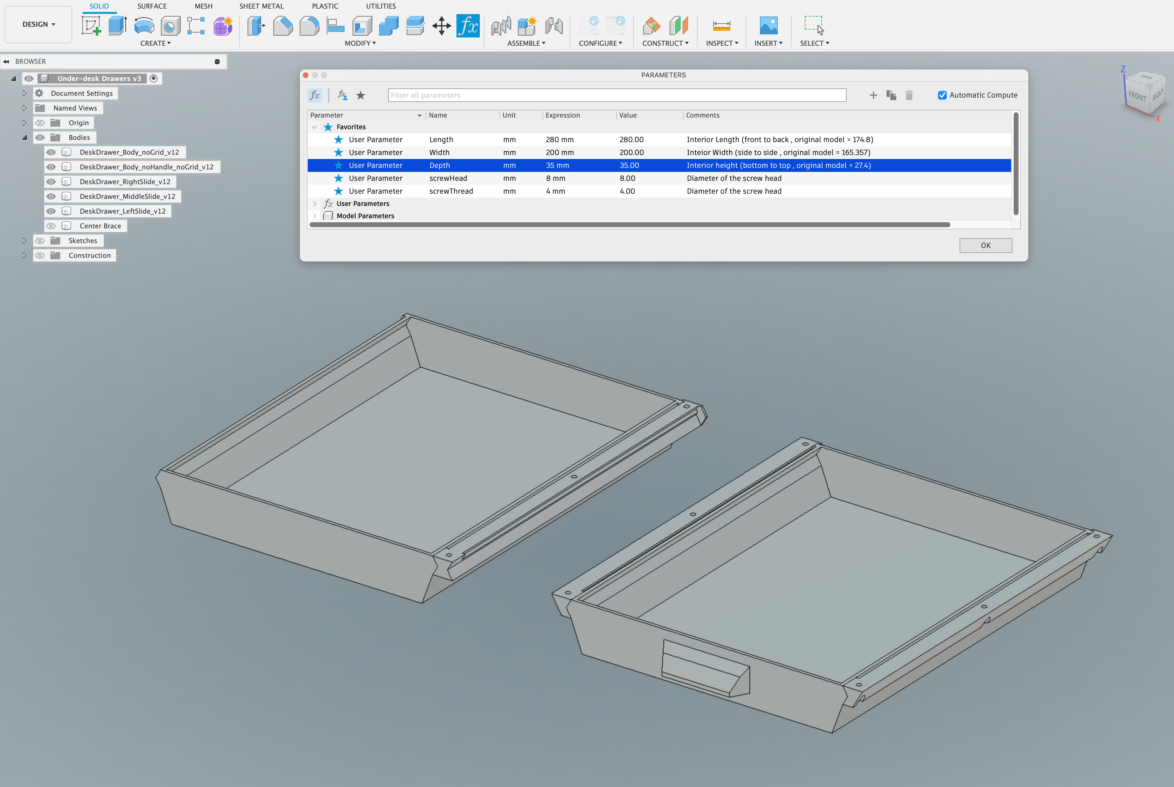 Miniatura 2 do modelo 3D Parameterized Under Desk Drawer