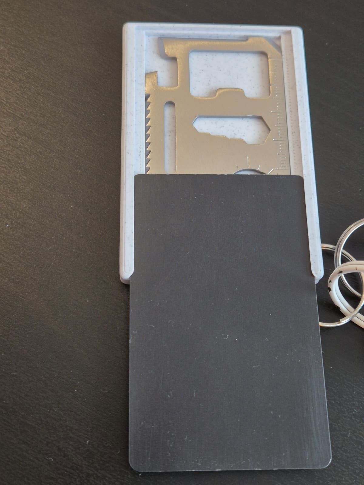 ID Card holder with Credit Card Multi-Tool recess and Key ring attachment