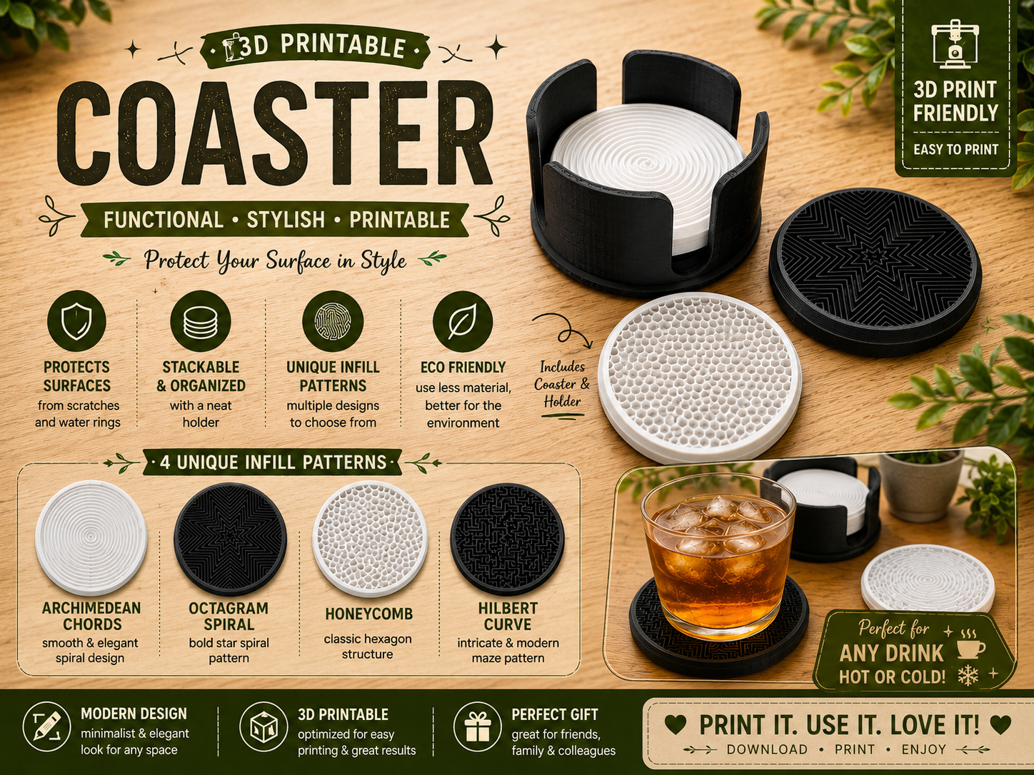 Customizable Infill Coaster Set with Holder