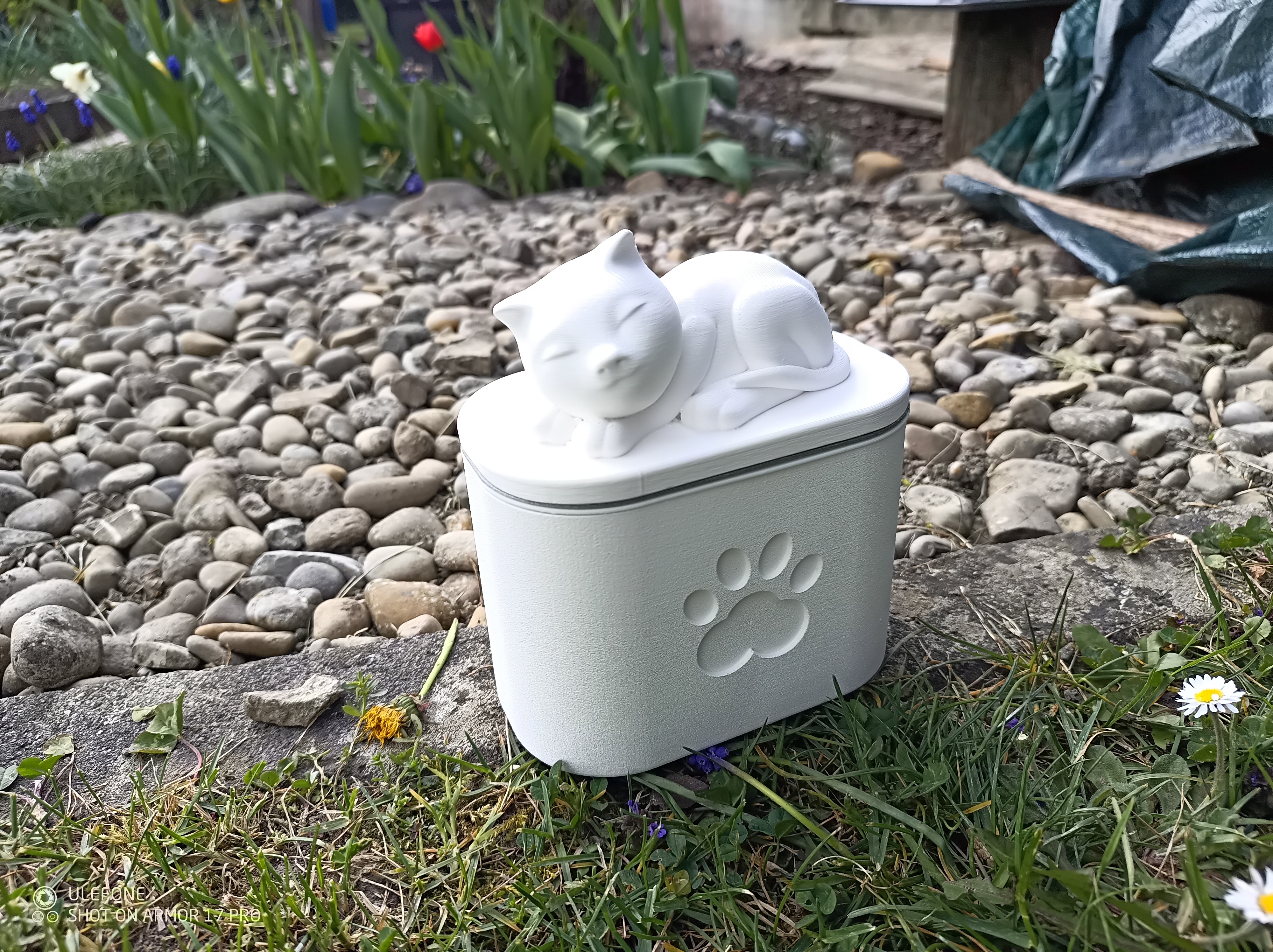 Cat Urn with Sleeping Cat Sculpture & Paw Print