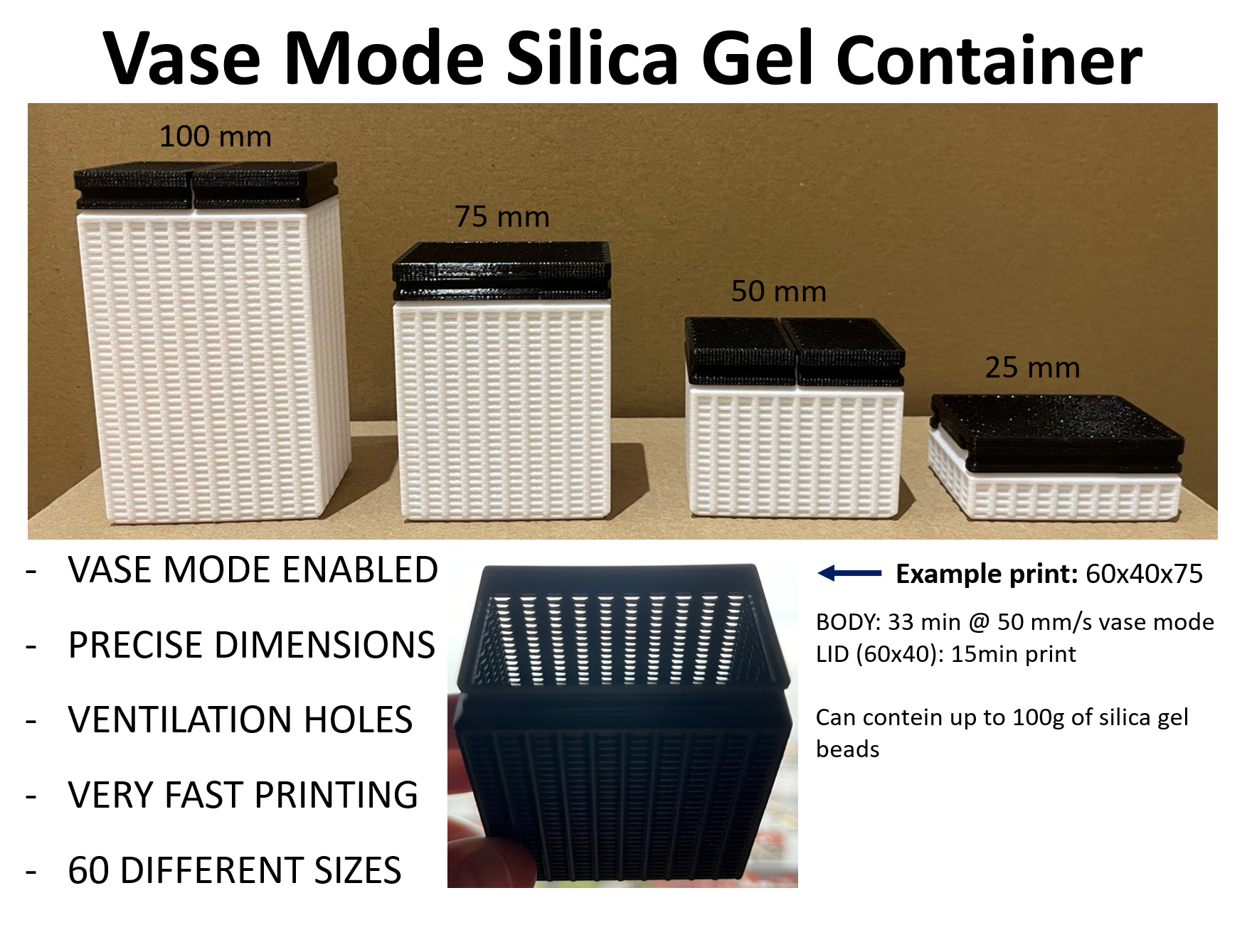Prismatic Vase Mode Silica Gel Container. Super fast print