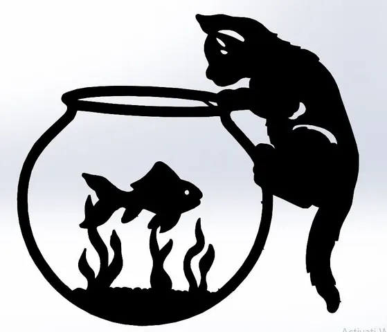 line art cat and fish, wall art cat and fish, 2d art cat and fish, cat and fish