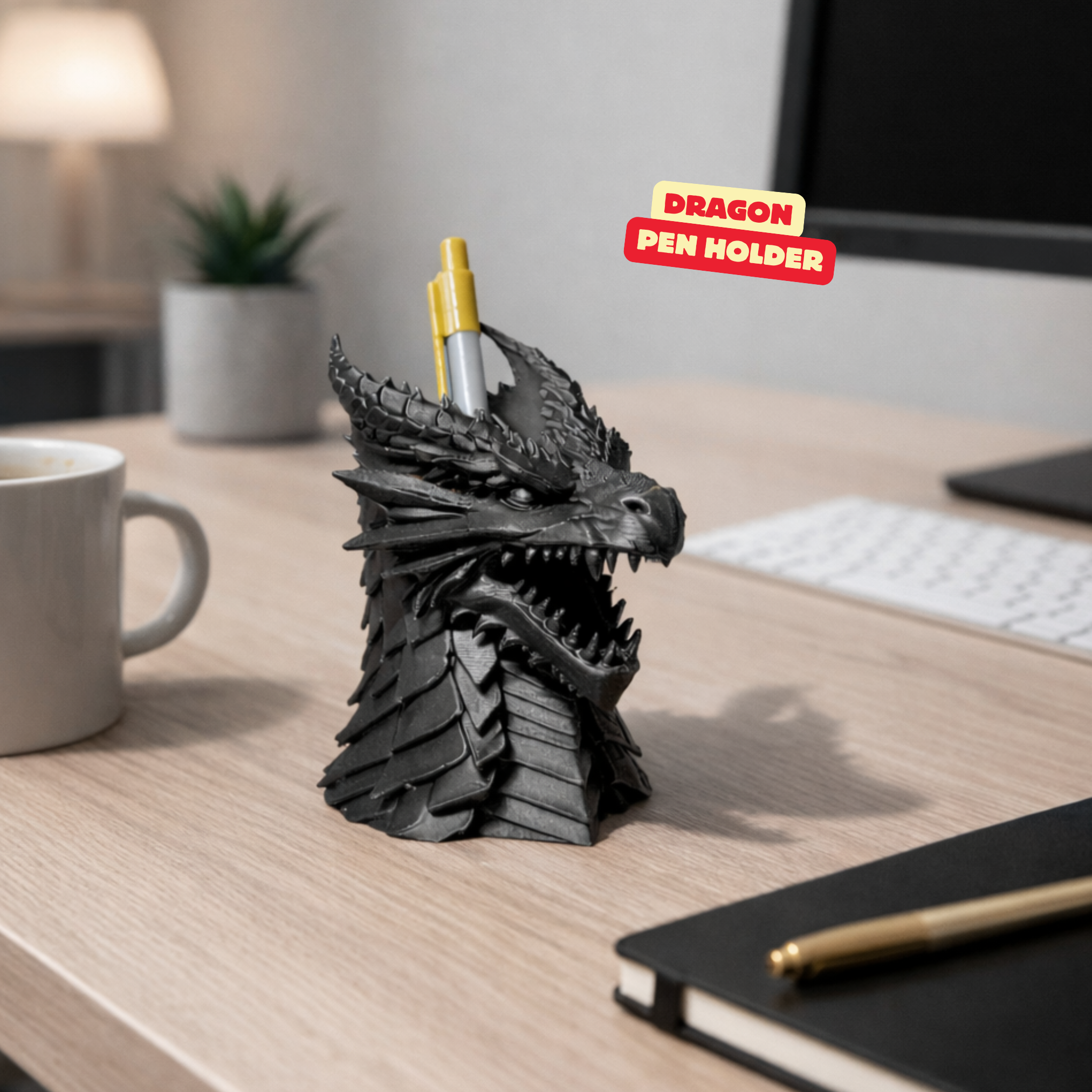 DRAGON PEN HOLDER – DESK ORGANIZER & EYE-CATCHING DRAGON BUST / GOTHIC DECOR / DARK DECOR / DESK