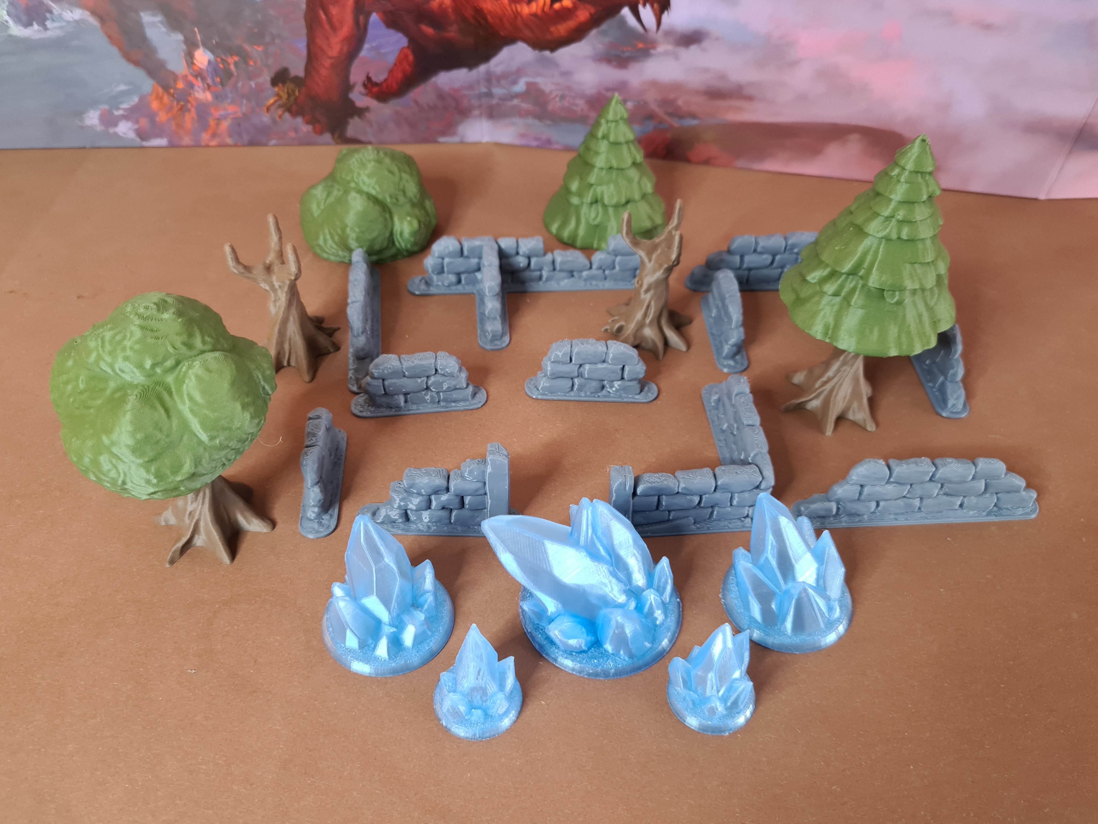 Tabletop terrain set with modular trees, stone walls, and (ice) Crystals for 28mm TTRPG