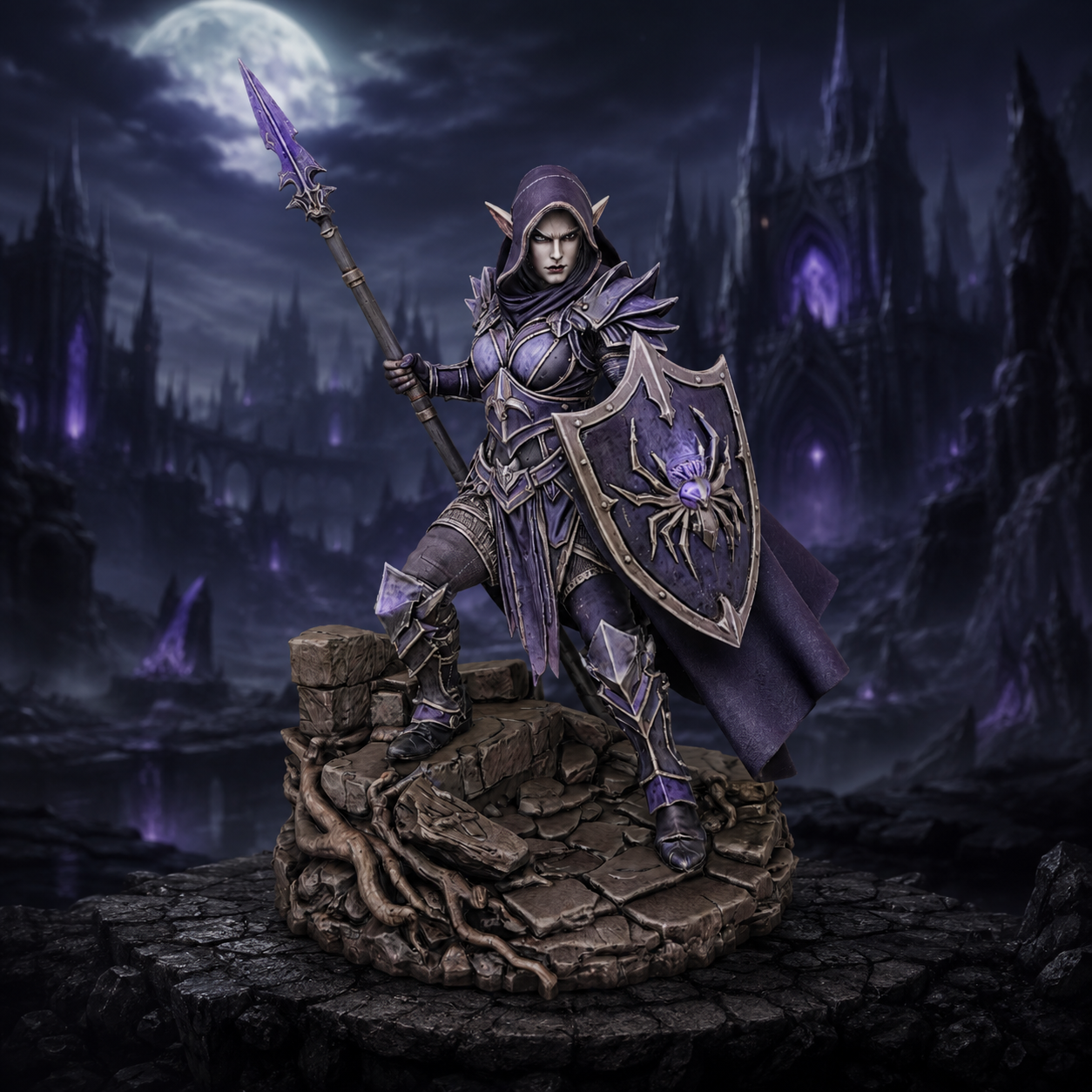 Vhorlath Realms - Dark Elf - Moonveil Spearwarden (Dark Fantasy 3D Printable Miniature STL)