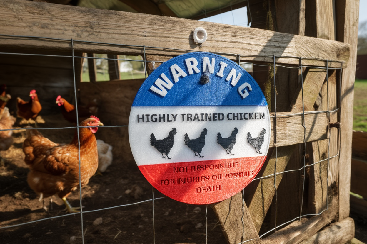 WARNING – HIGHLY TRAINED CHICKEN – NOT RESPONSIBLE FOR INJURIES OR POSSIBLE DEATH