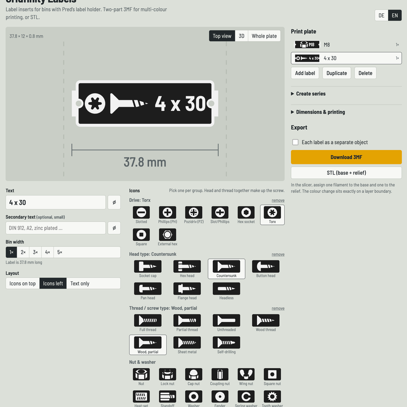Gridfinity Label Generator for Pred＇s Label Bins (Multi-Colour, Browser ...