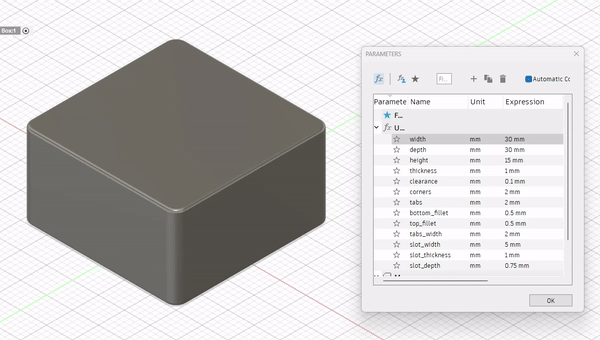 Parametric Box with Snap on Lid (Fusion360) - Version 2