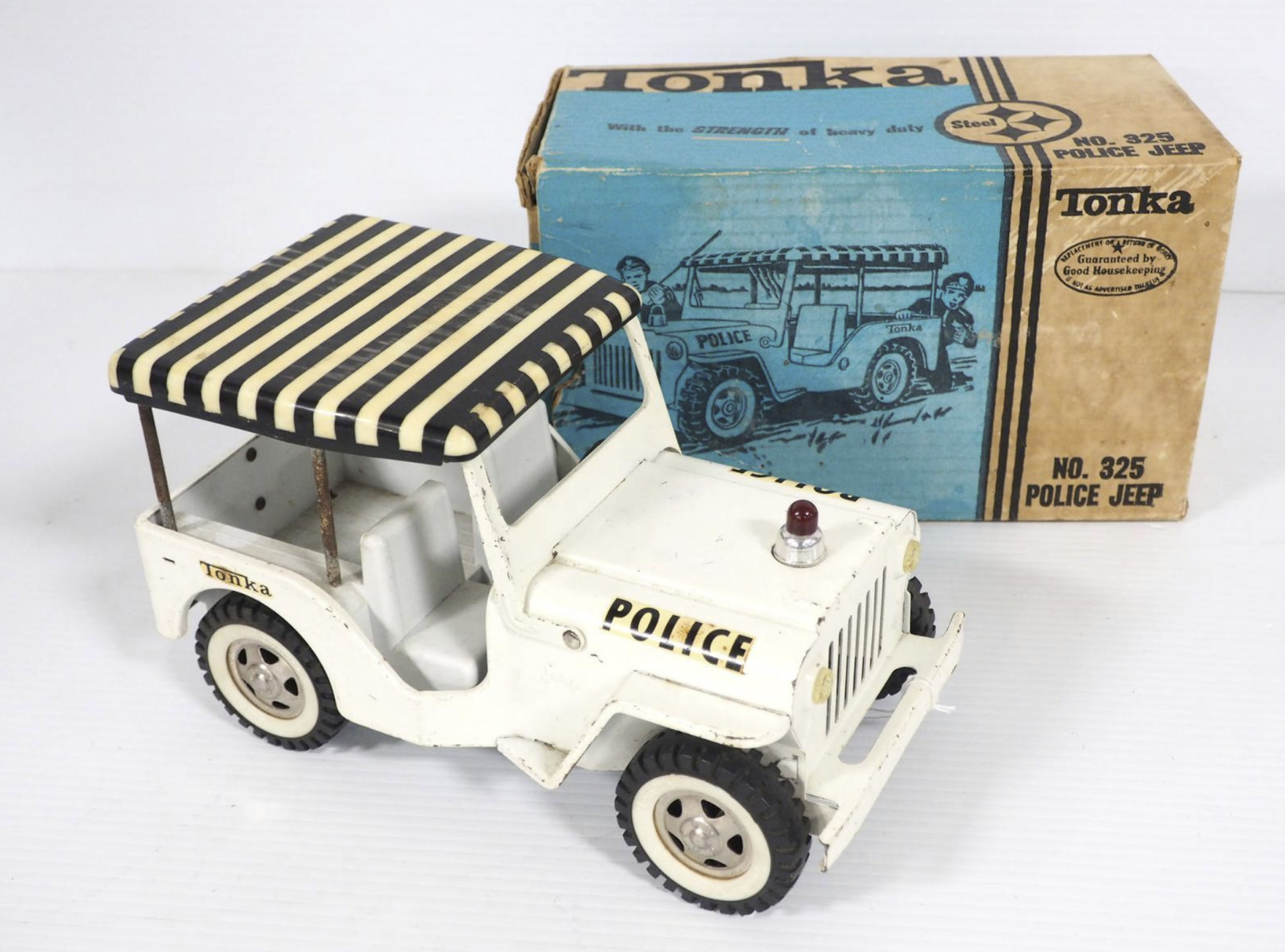 1965 Tonka Toys Police Jeep #325 and 1962 Elvis Surrey Jeep #350 Striped Hardtop Roof