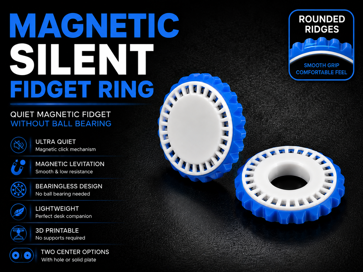 Magnetic Silent Fidget Ring without bearing – Rounded Ridges