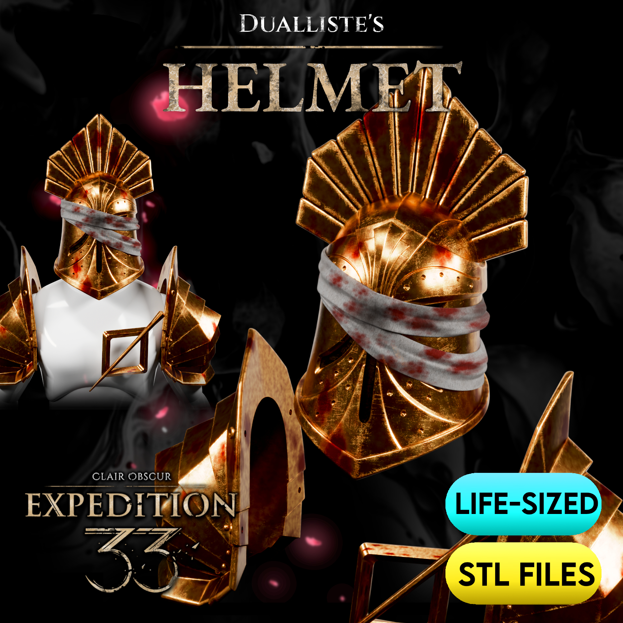 Expedition 33 Dualliste Helmet, Shoulder Armor, & Brooch STL Files | Life Sized | High Detail