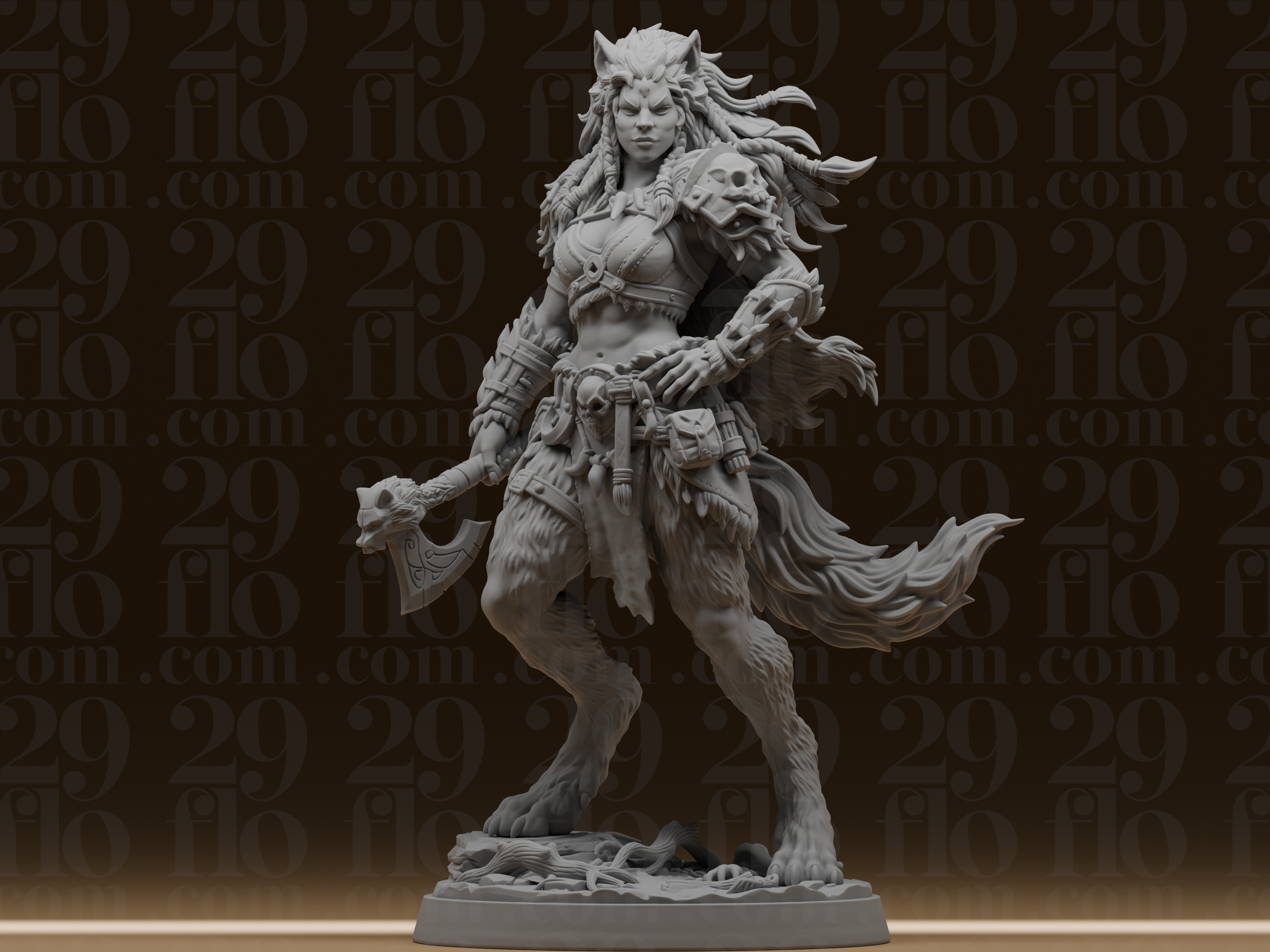 #143 Fierce Wolf Woman Warrior Statue - Fantasy Werewolf Barbarian Figure
