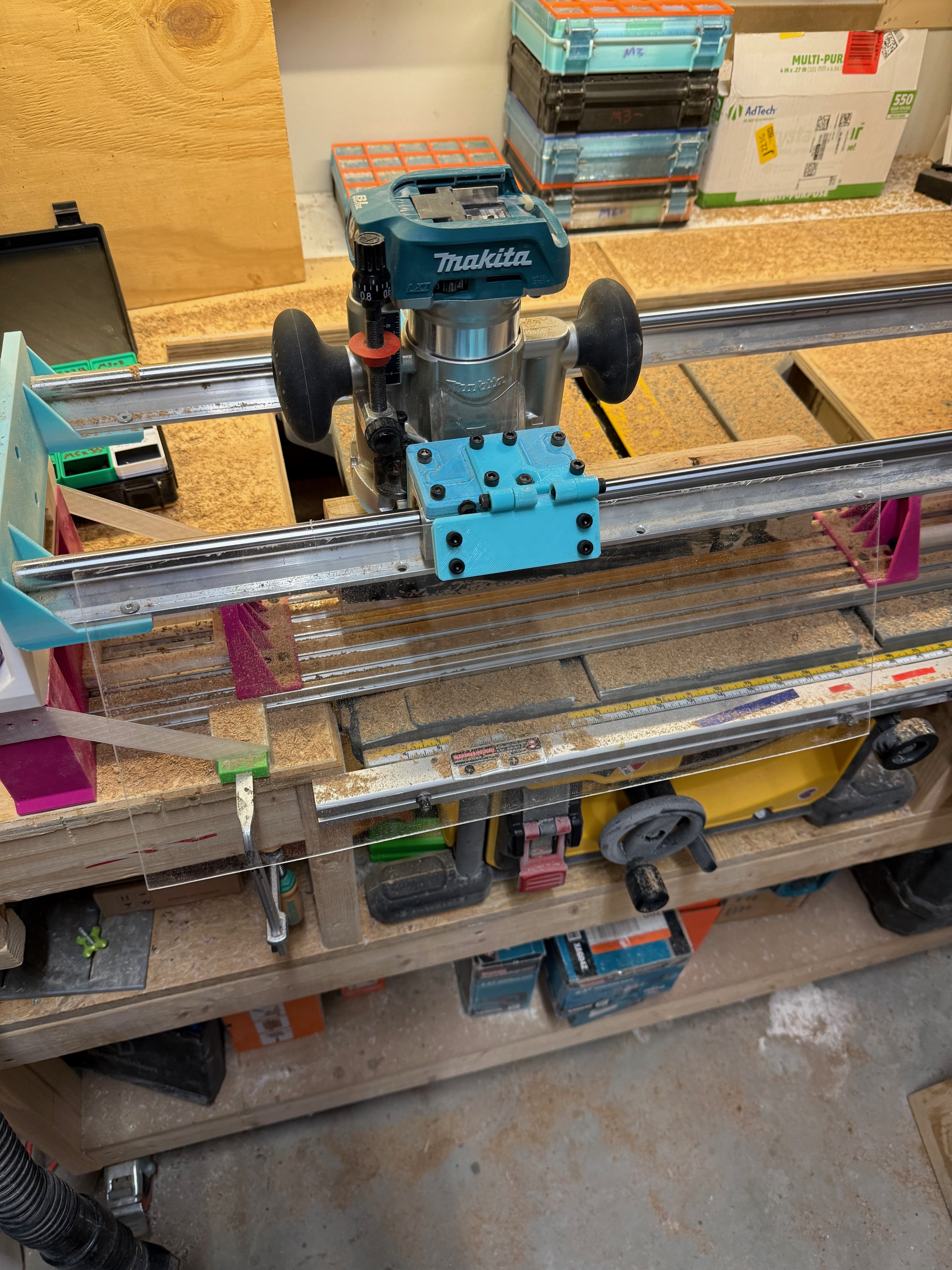 Router sled blast shield (wood chip deflector)