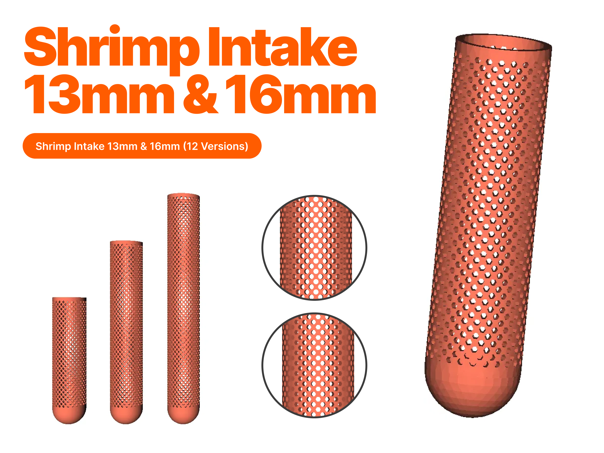 Aquarium filter shrimp intake (13mm & 16mm) (12 models) (Round and hexagonal holes)