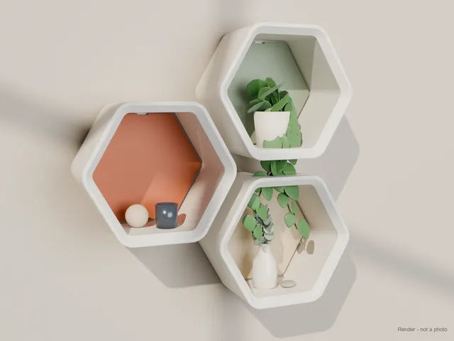 Hexagon Wall Shelf – One-Piece Faceted Honeycomb Niche, 108 mm Deep, Optional Hidden-Screw Panel