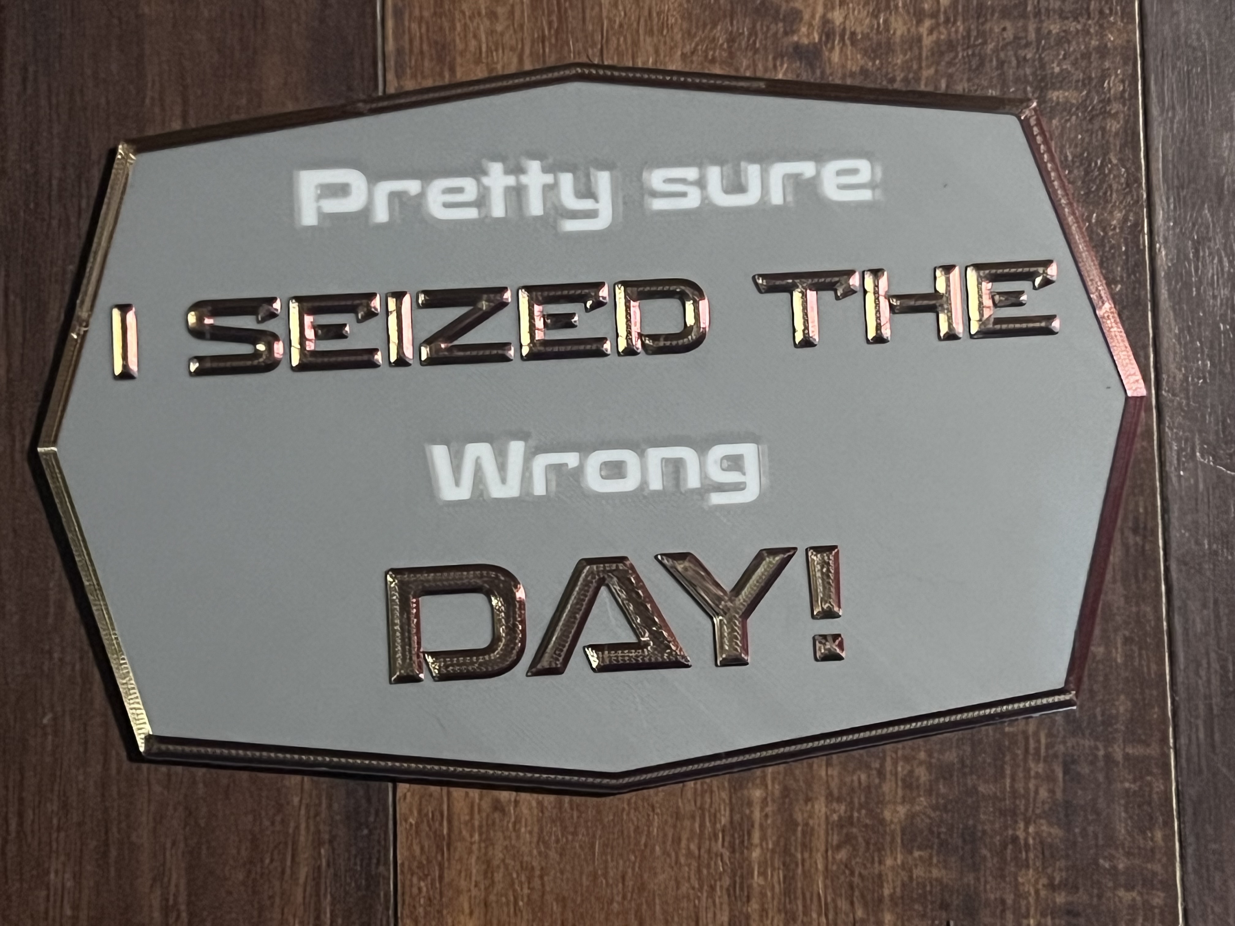 Funny saying sign. "I think I seized the wrong day"