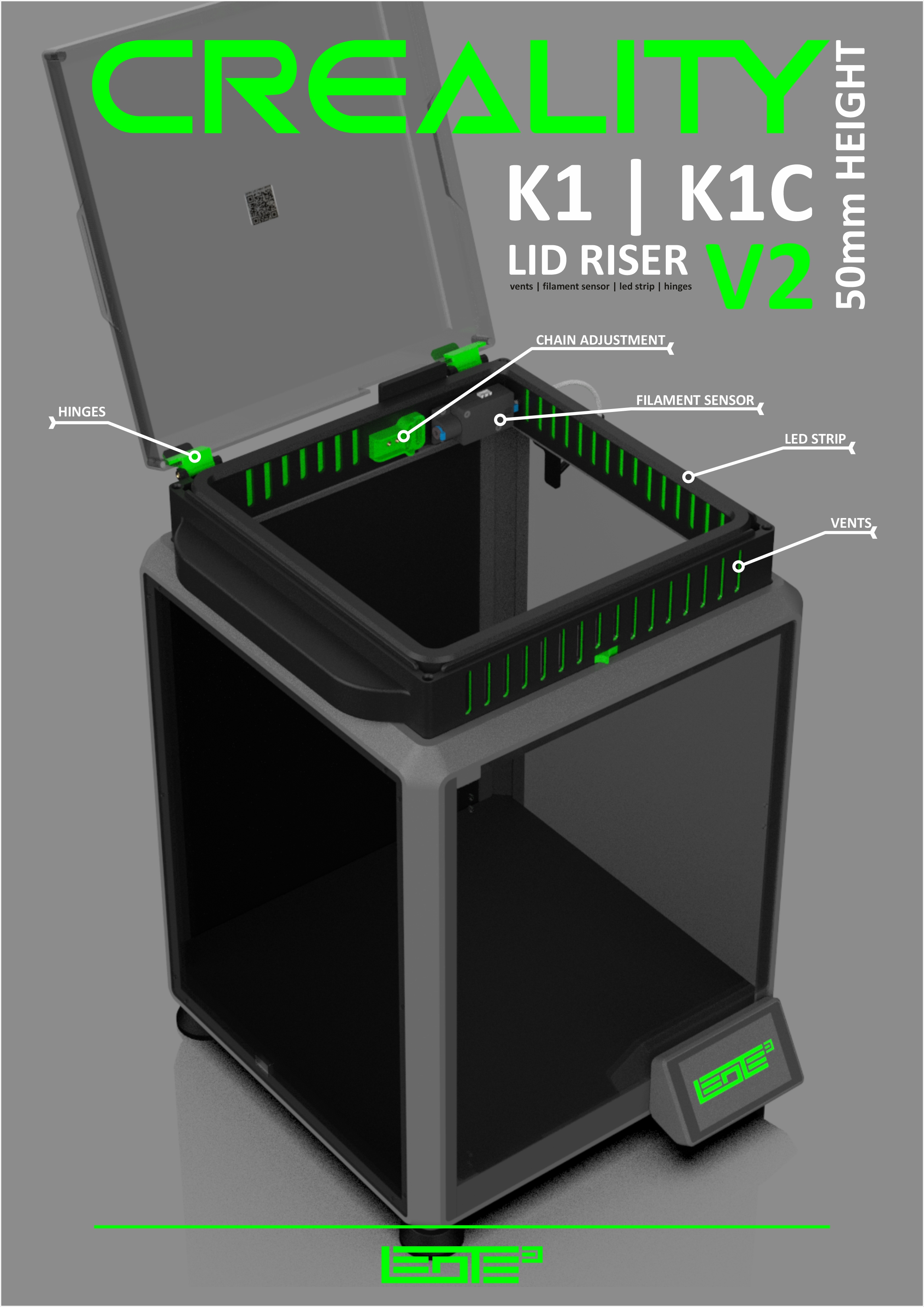 CREALITY K1+K1C LID RISER V2 [50mm height] by LEOTE3D | Download free ...