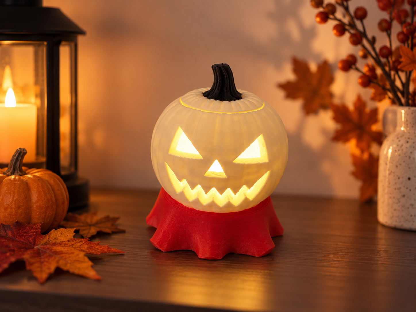 Halloween Pumpkin LED Tealight Holder – 3D Printed Jack O Lantern – Spooky Fall Decor – Removable Lid