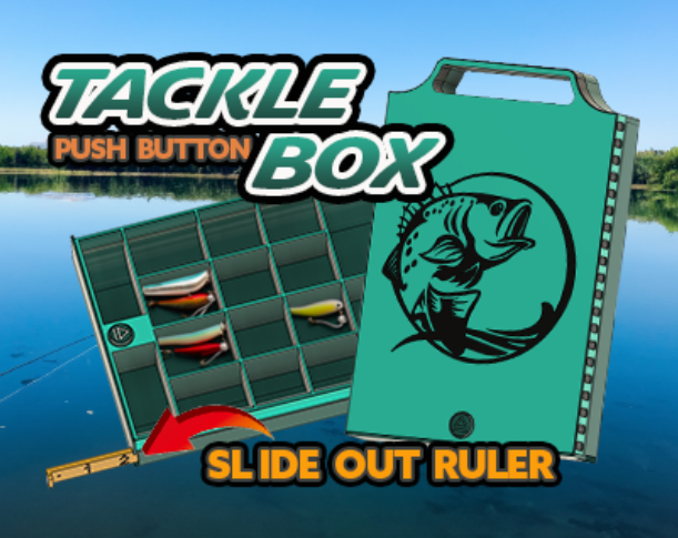 PUSH BUTTON TACKLE BOX WITH BUILT IN RULER