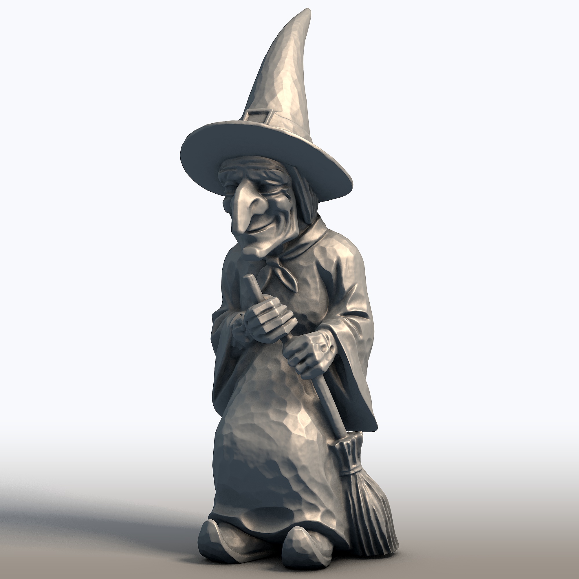 Elderly Witch with Broom Sculpture – Wise Witch Statue – Mystical Crone with Broomstick