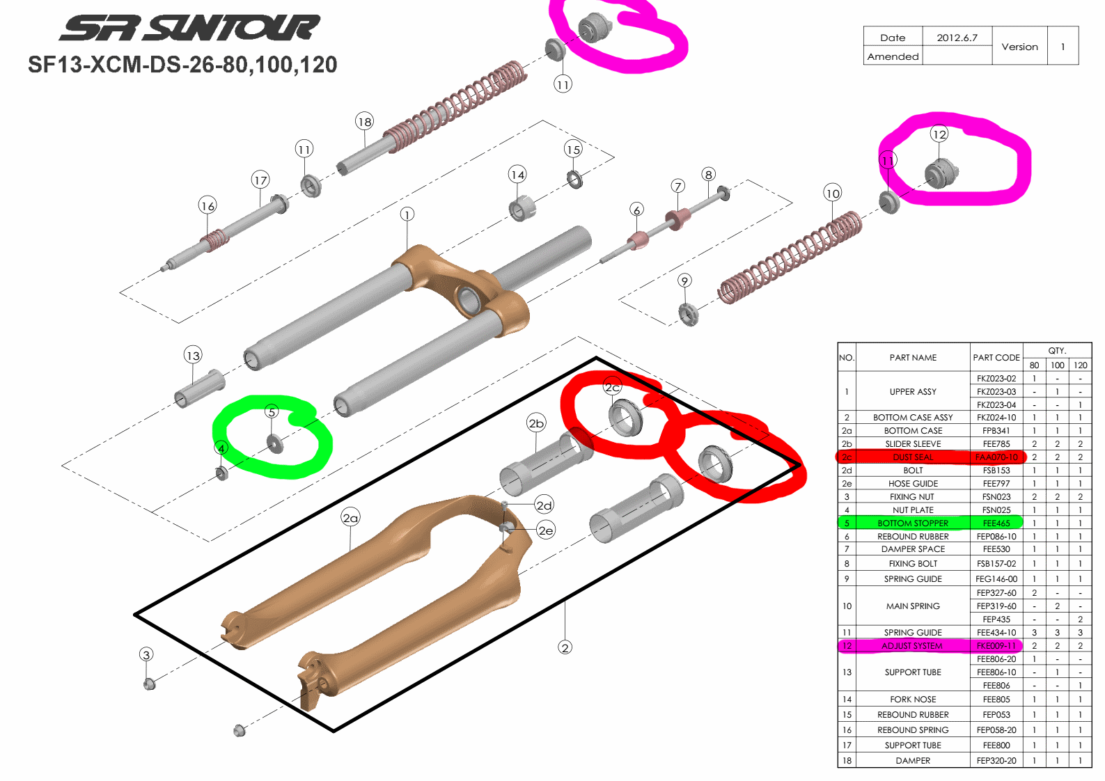 Oil mod parts for SR Suntour SF13-XCM fork