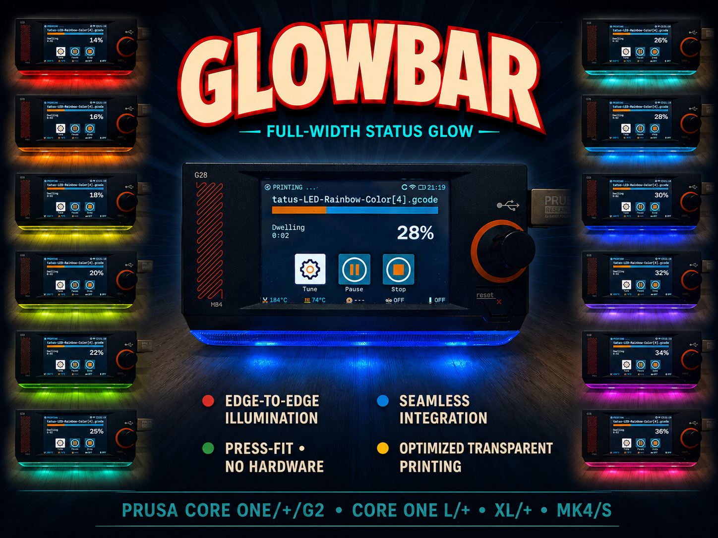 GlowBar – Full-Width LED Status Bar for Prusa CORE One/+/G2, CORE One L/+, XL/+ & MK4/S