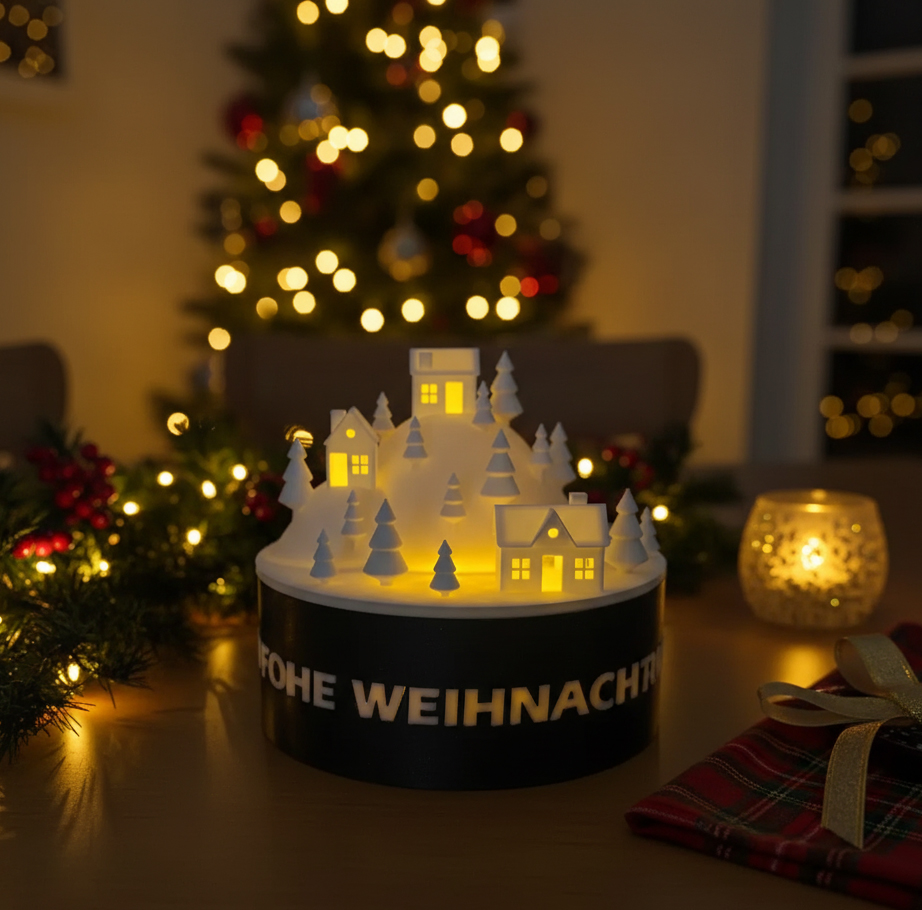 Tiny Winter Village Lantern with christmas greeting (LED-Teelicht Winterdorf)