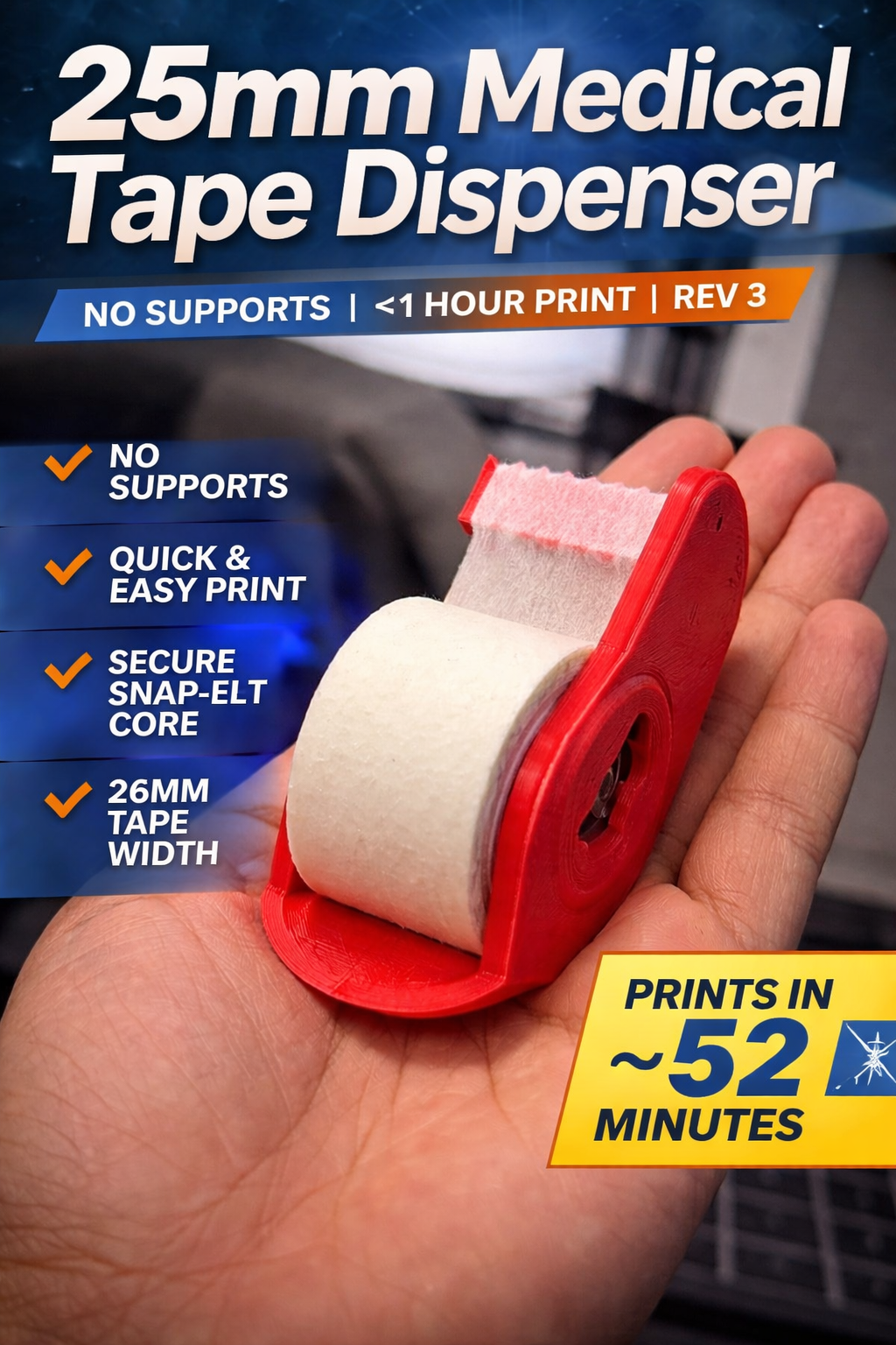 25mm Inner Diameter - Medical Tape Dispenser - No Supports | <1 Hour Print | Rev 3