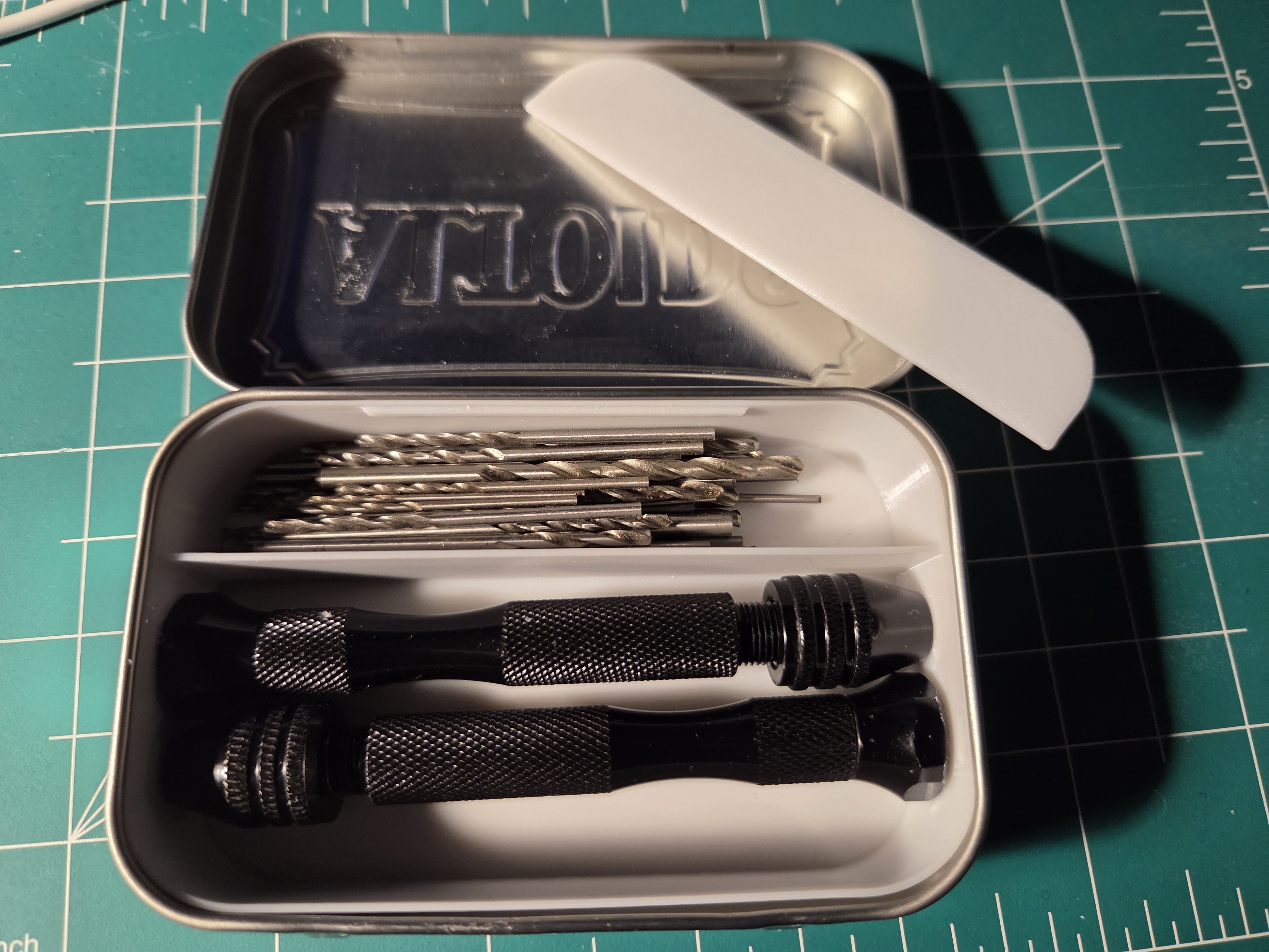 Altoids storage for finger drill and bits