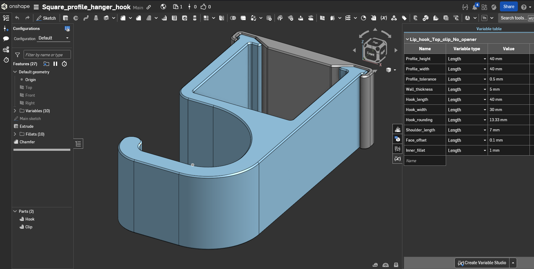 Square bar bag hanger hook - Parametric — miniatura 5