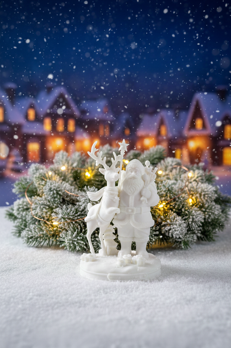 Santa Claus & Reindeer Statue - Christmas Figurine