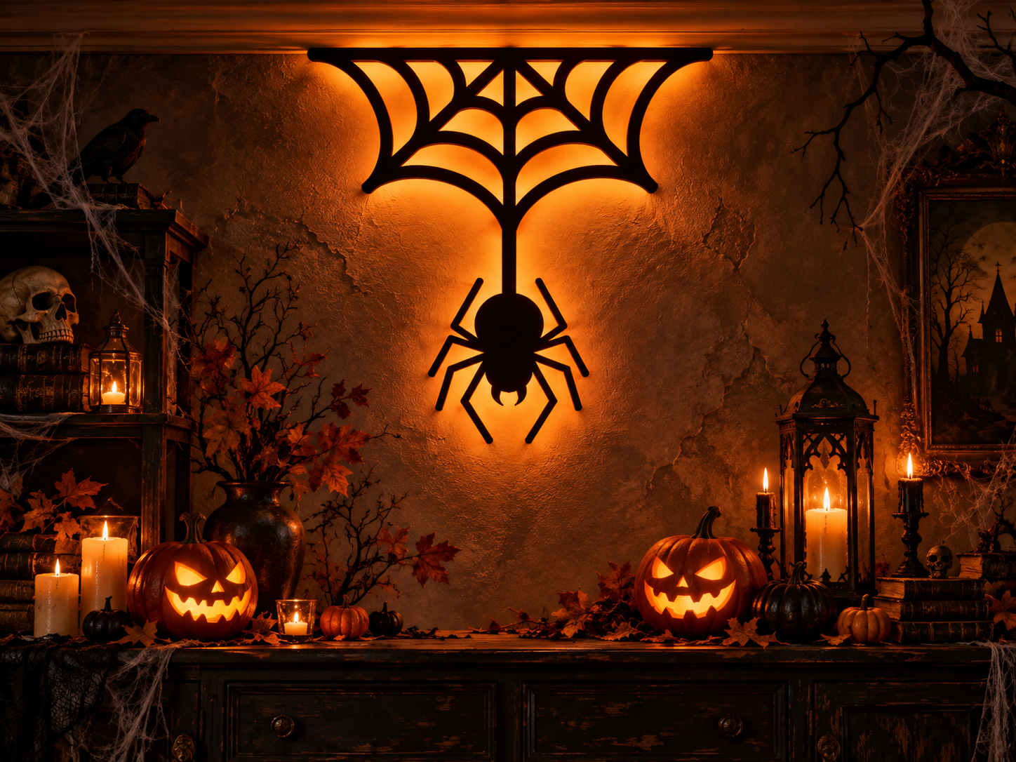 Hanging Spider Web Halloween Wall Art – Spooky Spider Decoration