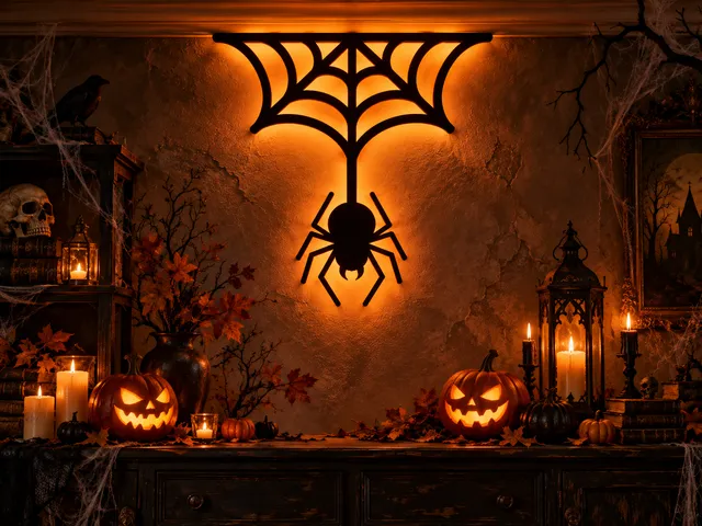 Hanging Spider Web Halloween Wall Art – Spooky Spider Decoration