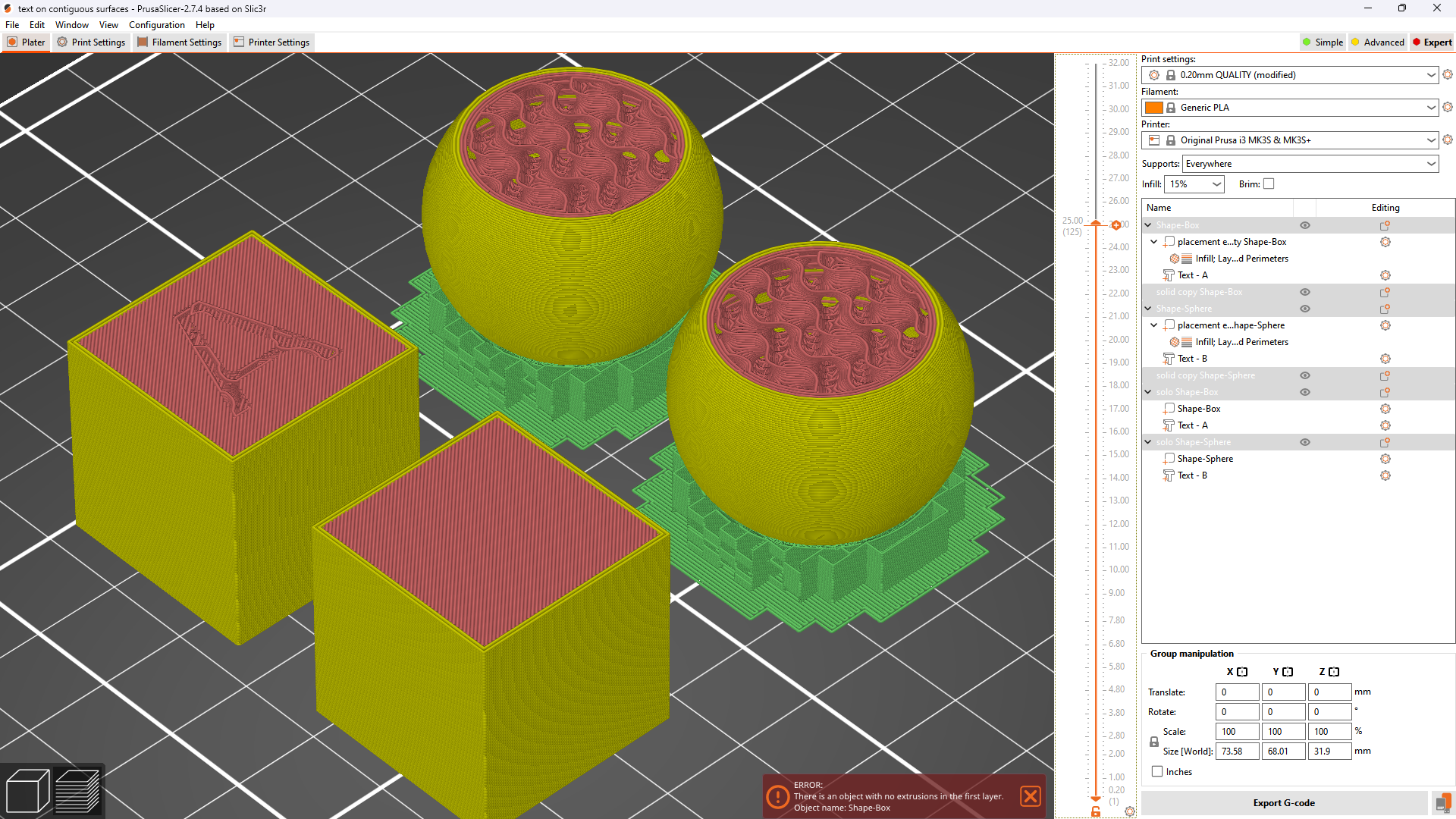 Workaround to make multimaterial text lie on a continuous surface
