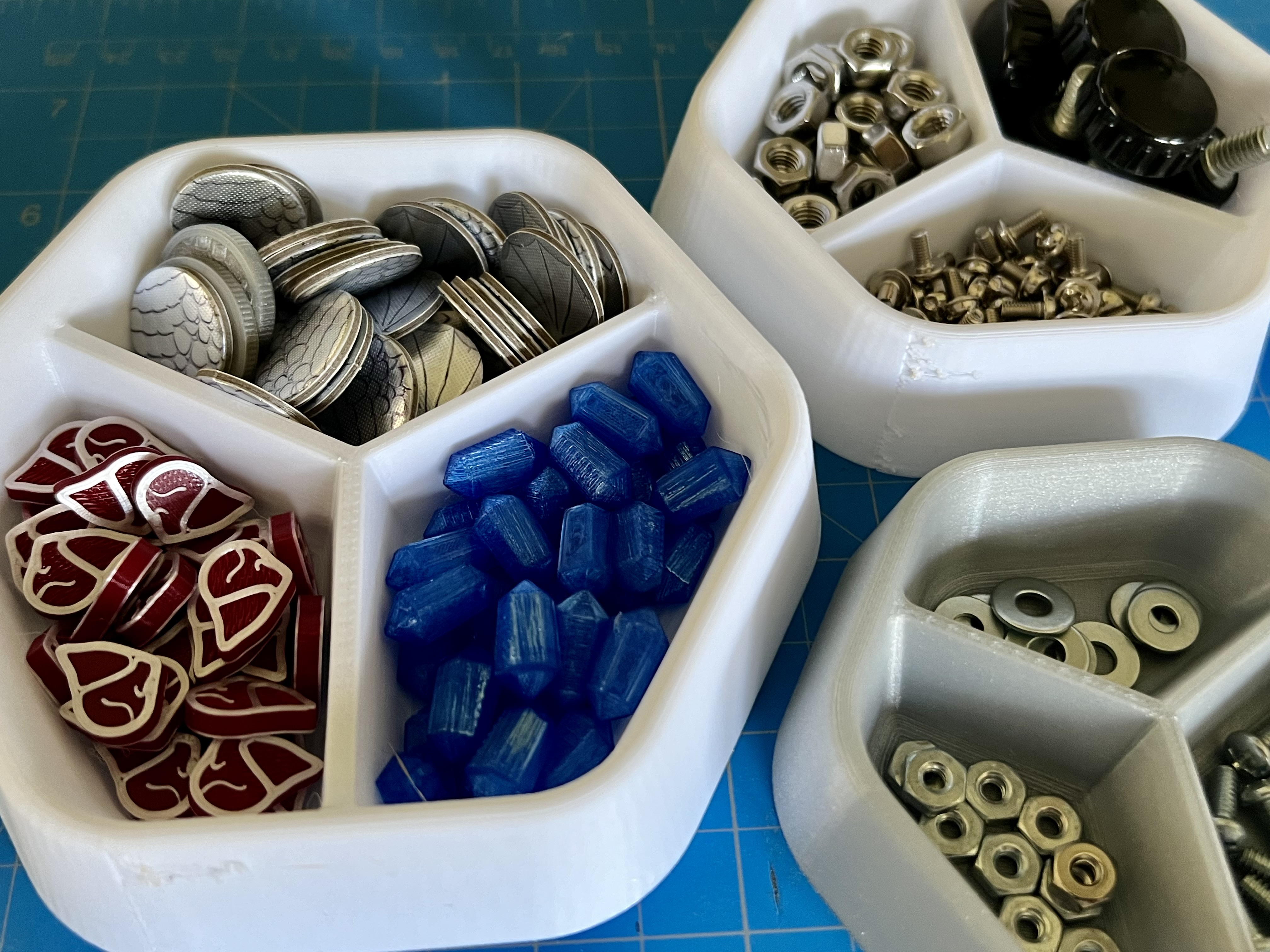 Stackable Hexagonal Token Trays for Gaming with 3 sections