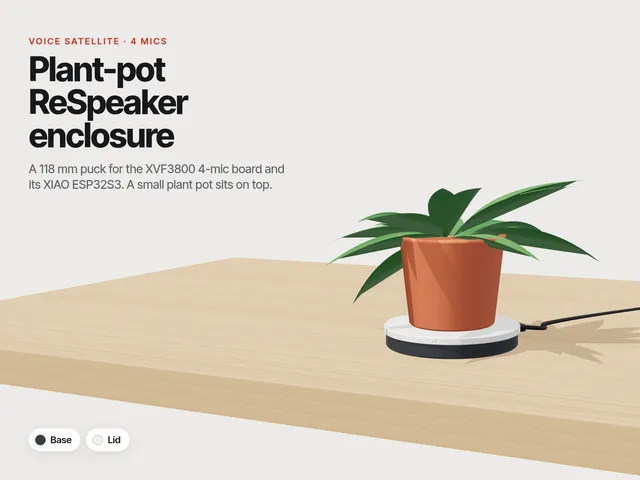 Plant-Pot Enclosure for ReSpeaker XVF3800 4-Mic Array + XIAO ESP32S3 (Home Assistant Voice)